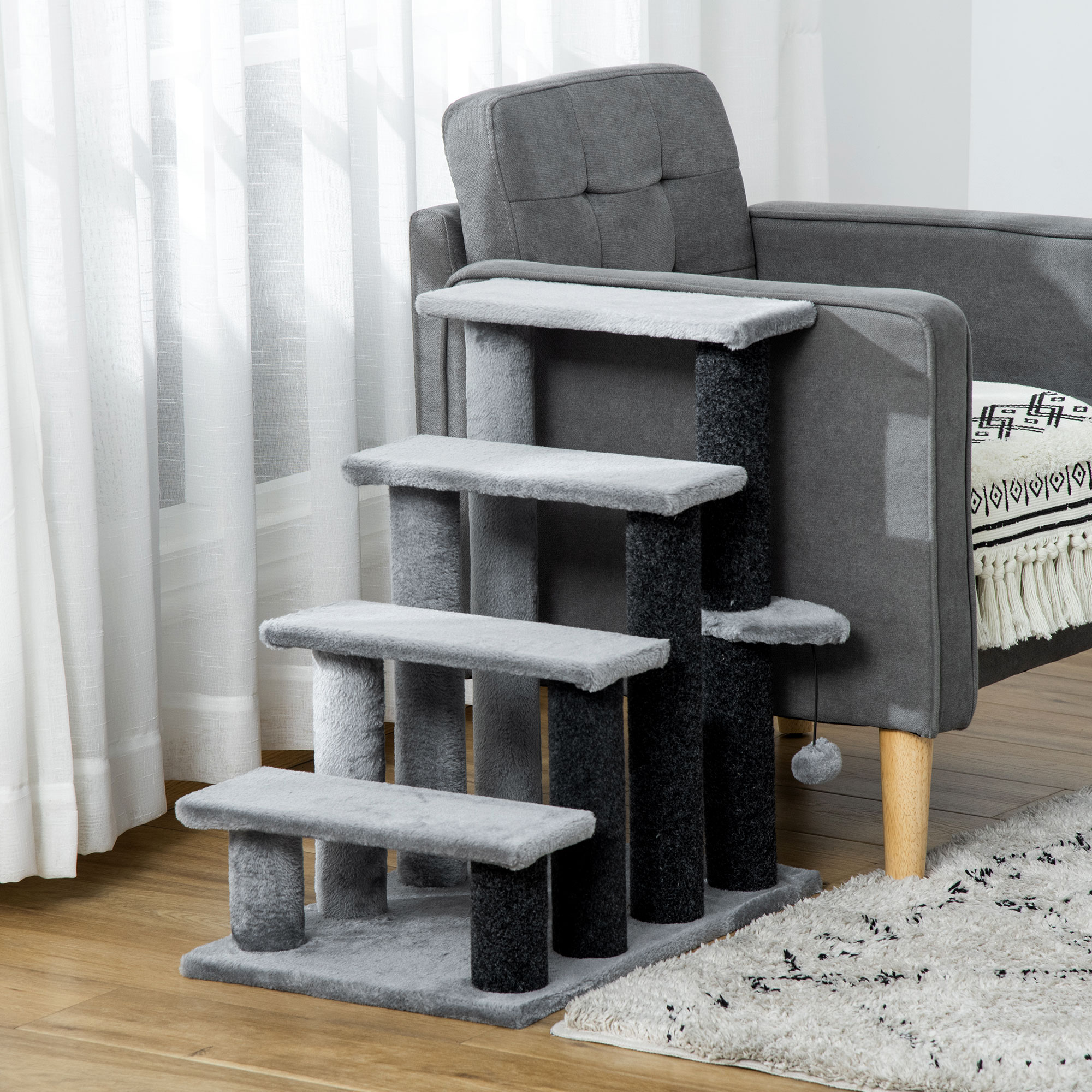 Escalier Pour Chat 64 Cm, 4 Marches, Plateforme Et Balle, Jute Et Peluche, Gris