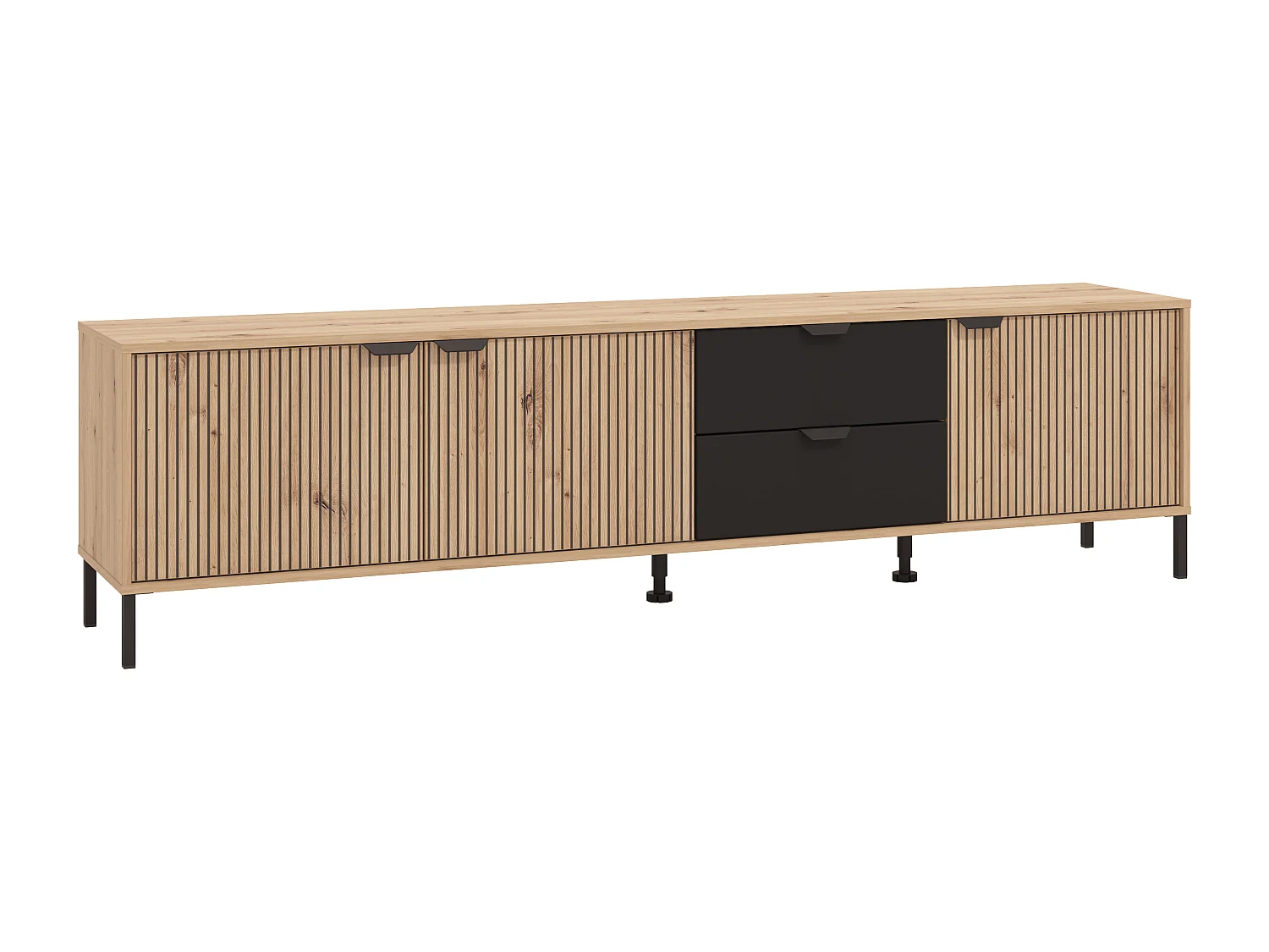 Meuble Tv Avec 3 Portes Et 2 Tiroirs - Naturel Et Noir - Merela