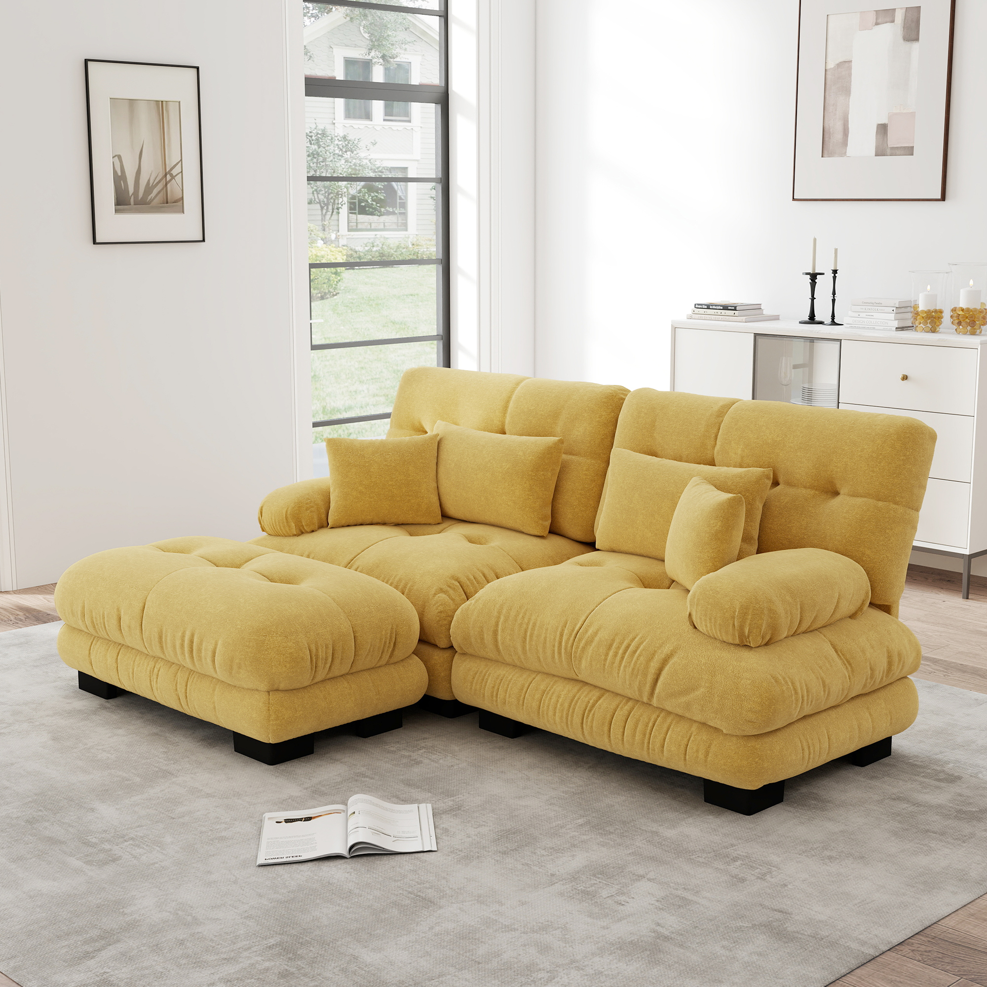 Redom Canapé Modulable, Ottomans Mobiles, Coussins Lombaires Et Décoratifs, Chenille Jaune