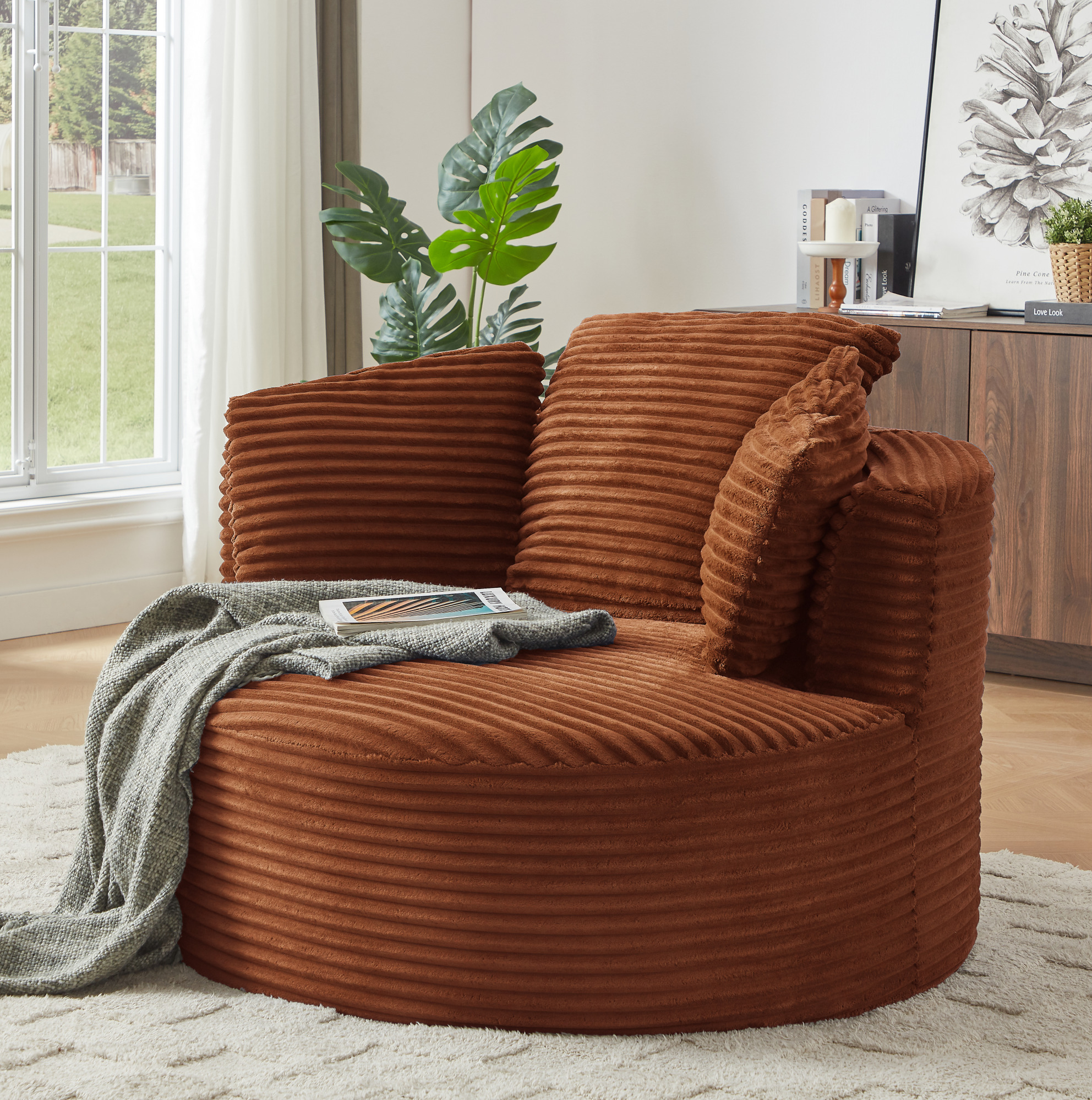 Fauteuil Cloud Rond En Velours Côtelé Orange, Assise Profonde, 124 X 113 X 86 Cm, Redom