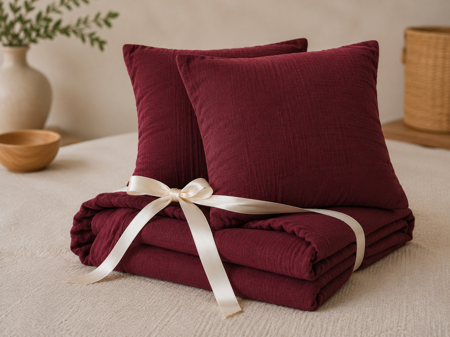 Pack Drap Housse 140 X 190 Cm + 2 Taies D'oreiller 60 X 60 Cm Double Gaze De Coton Gaïa Bordeaux