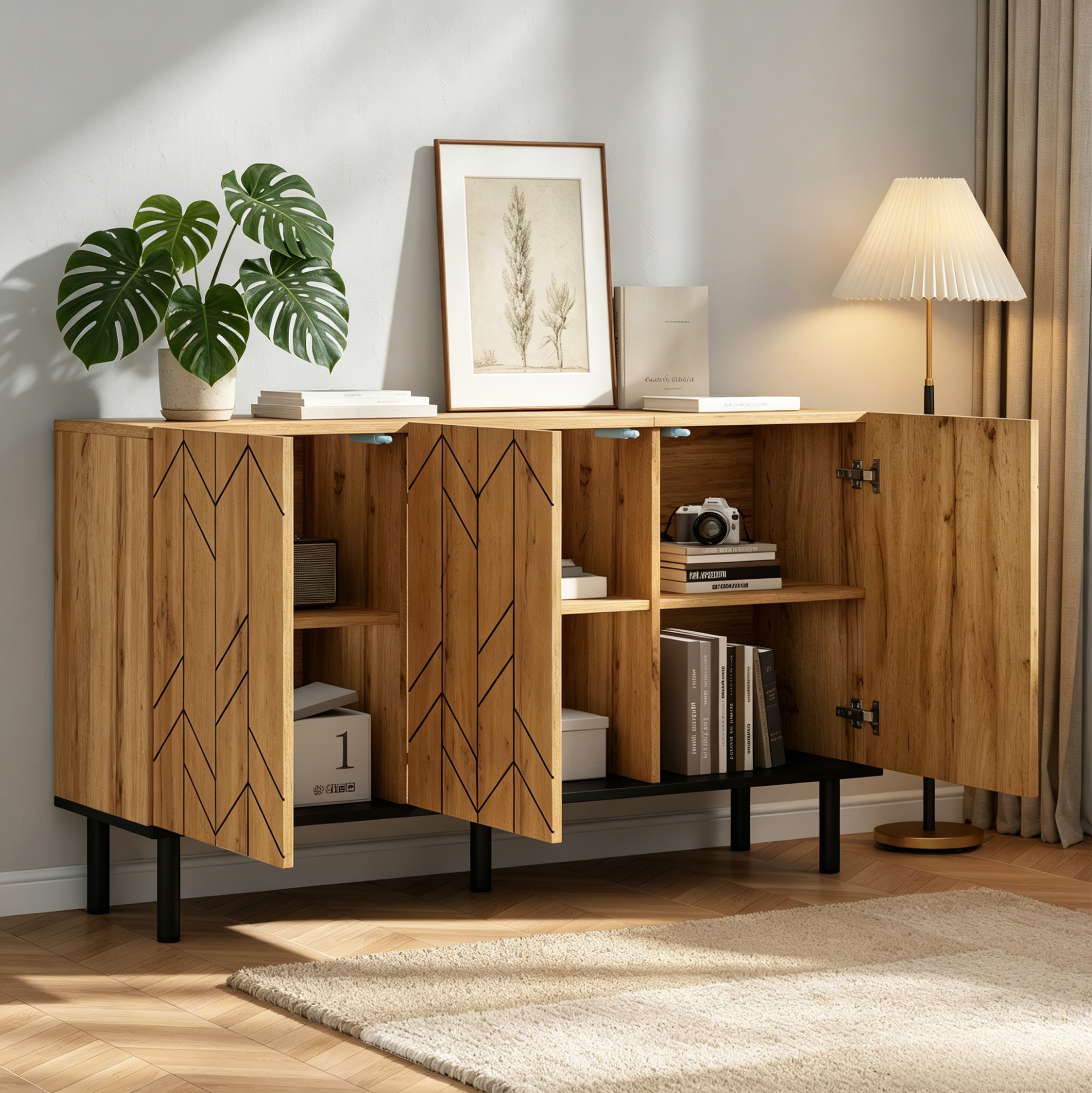 Sideboard Moderne 120x35x70 Cm, 3 Portes, Bois Naturel Et Pieds Métal, Charge 50 Kg