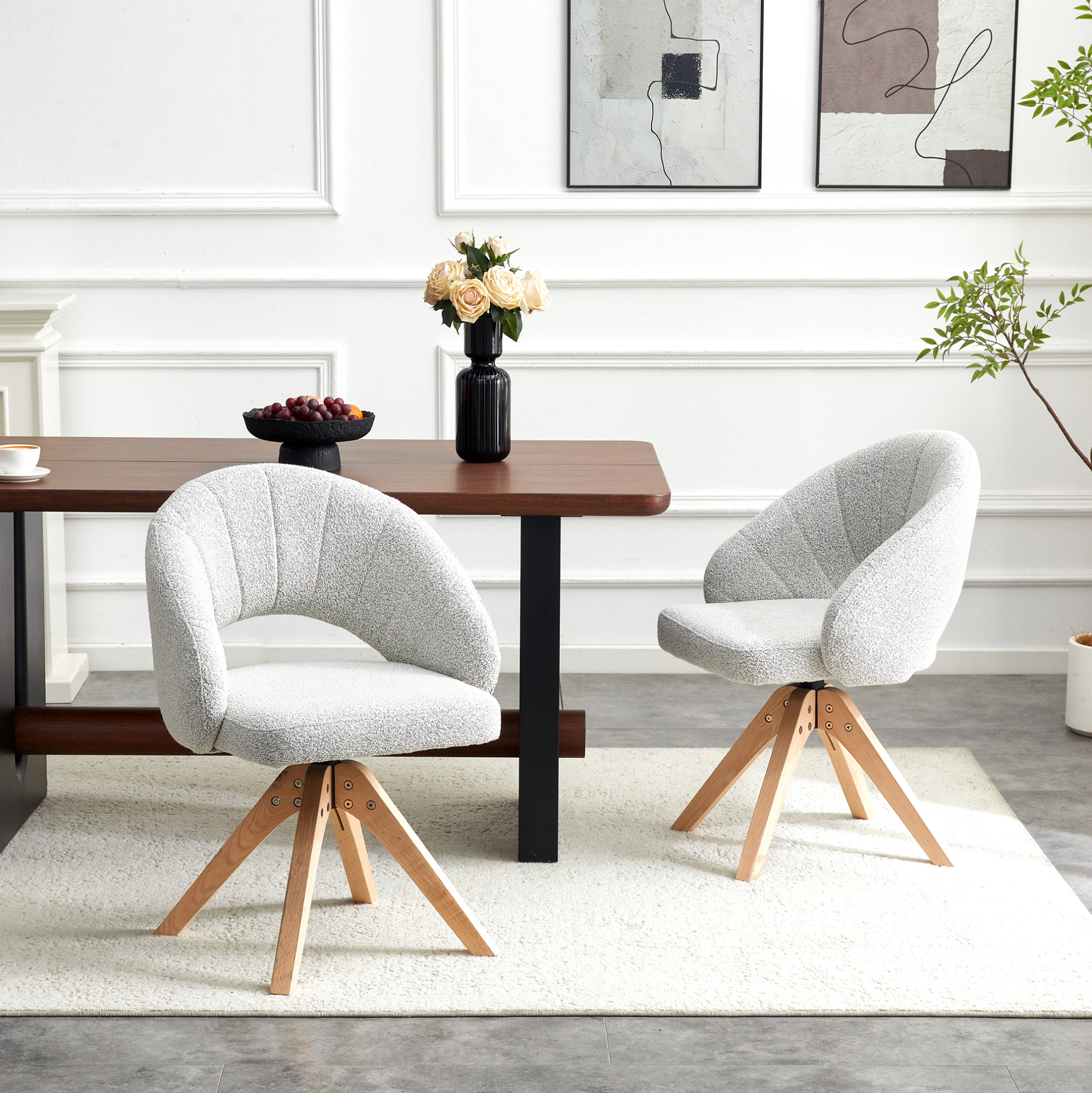Redom - Lot De 2 Chaises De Salle À Manger Pivotantes 360°, Dossier Ajouré Enveloppant, Tissu Velours Texturé Gris Clair, Bois Massif