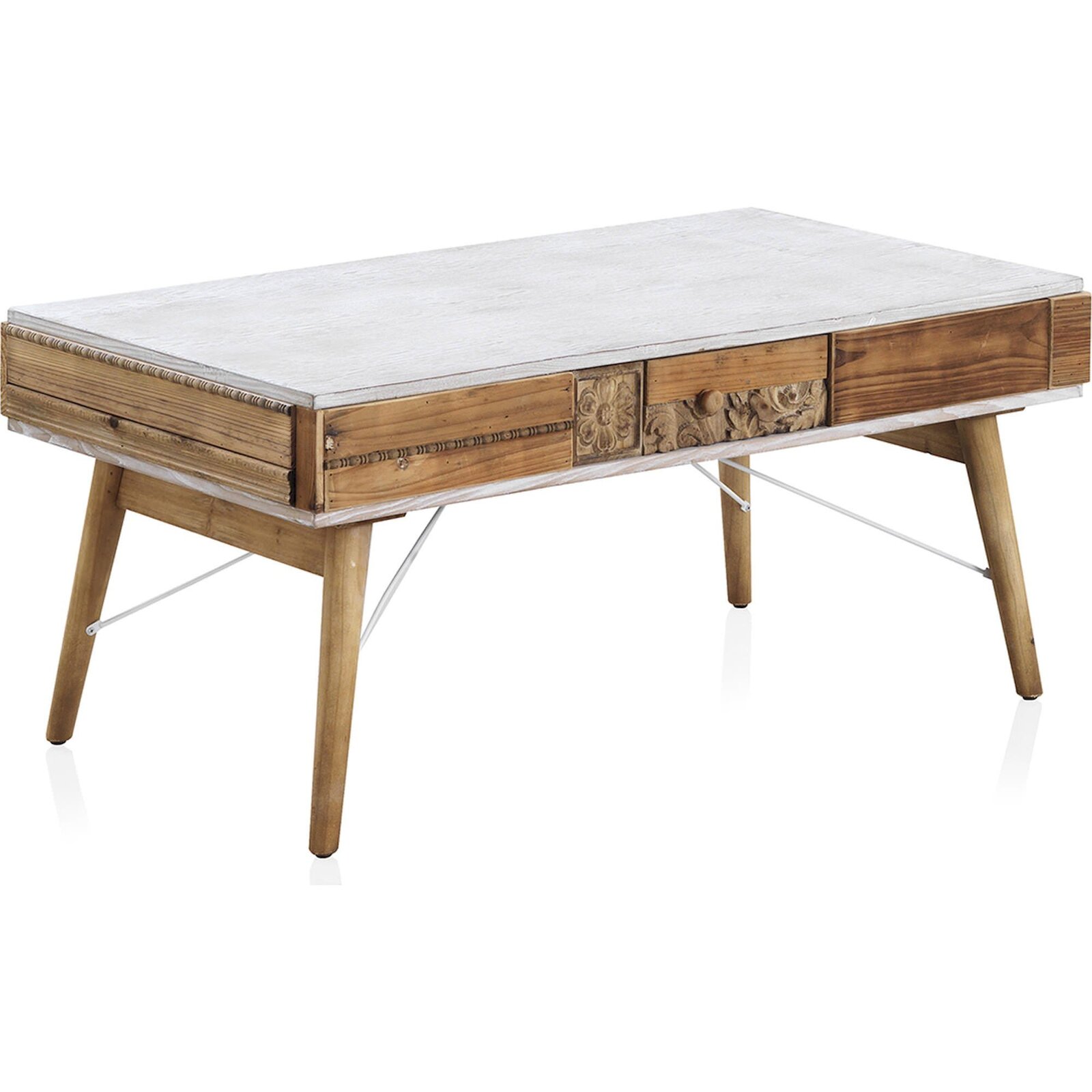 Table Basse Blanche Et Bois Naturel Sculpté Ambiance Vintage - Blanc Vieilli Et Bois Naturel Sculpté