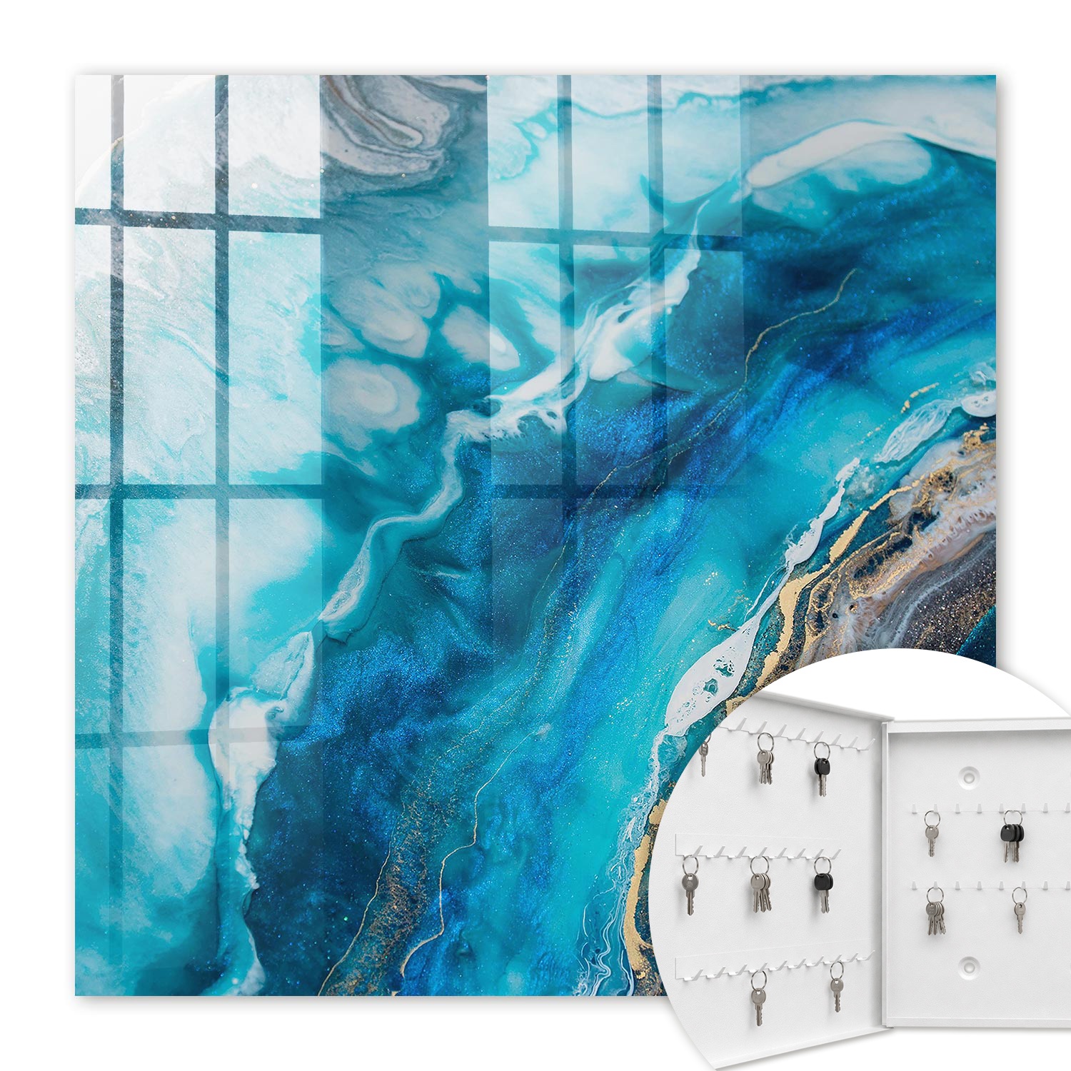 Armoire À Clés - (30 Cm X 30 Cm) - Boîte À Clés Murale - Coffret De Rangement Pour Clés - Couleur Blanche - Ouverture Vers La Gauche - Pour Maison Et Bureau - Motifs Turquoise
