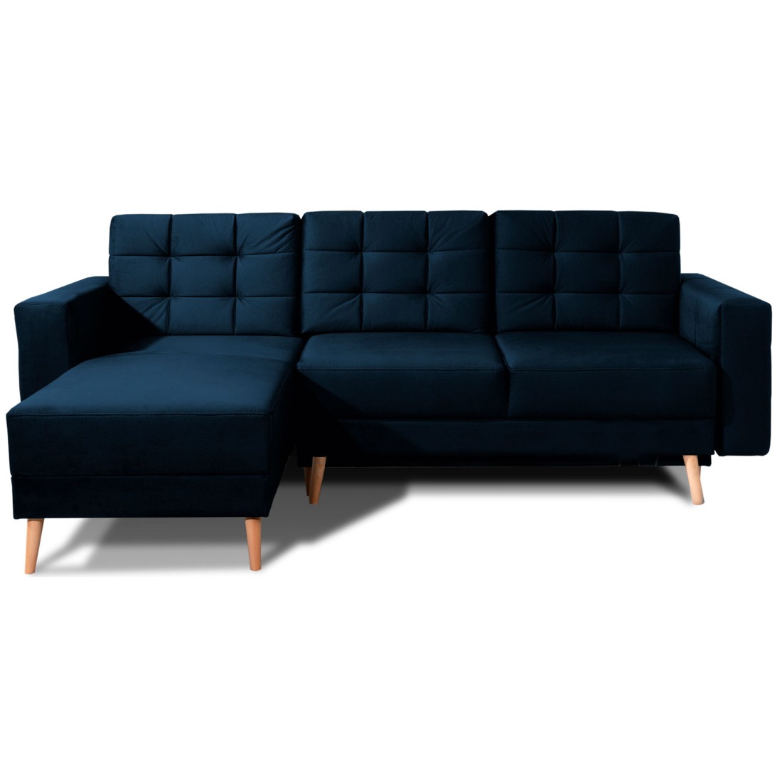 Canapé D'Angle Convertible Hasgard 3 Places Bleu Foncé 248x162 Cm - Coffre Et Pieds Bois