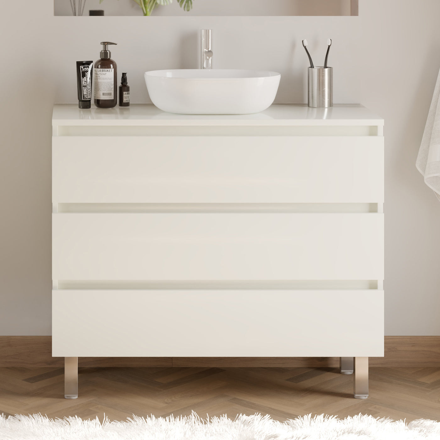 Meuble De Salle De Bain 90cm Avec Plateau Et Vasque À Poser Arrondie - 3 Tiroirs - Sans Miroir - Blanc Brillant - Mayor