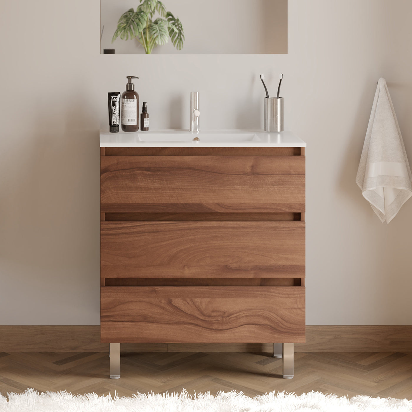 Meuble De Salle De Bain 60cm Simple Vasque - 3 Tiroirs - Sans Miroir - Noyer (bois Foncé) - Mayor