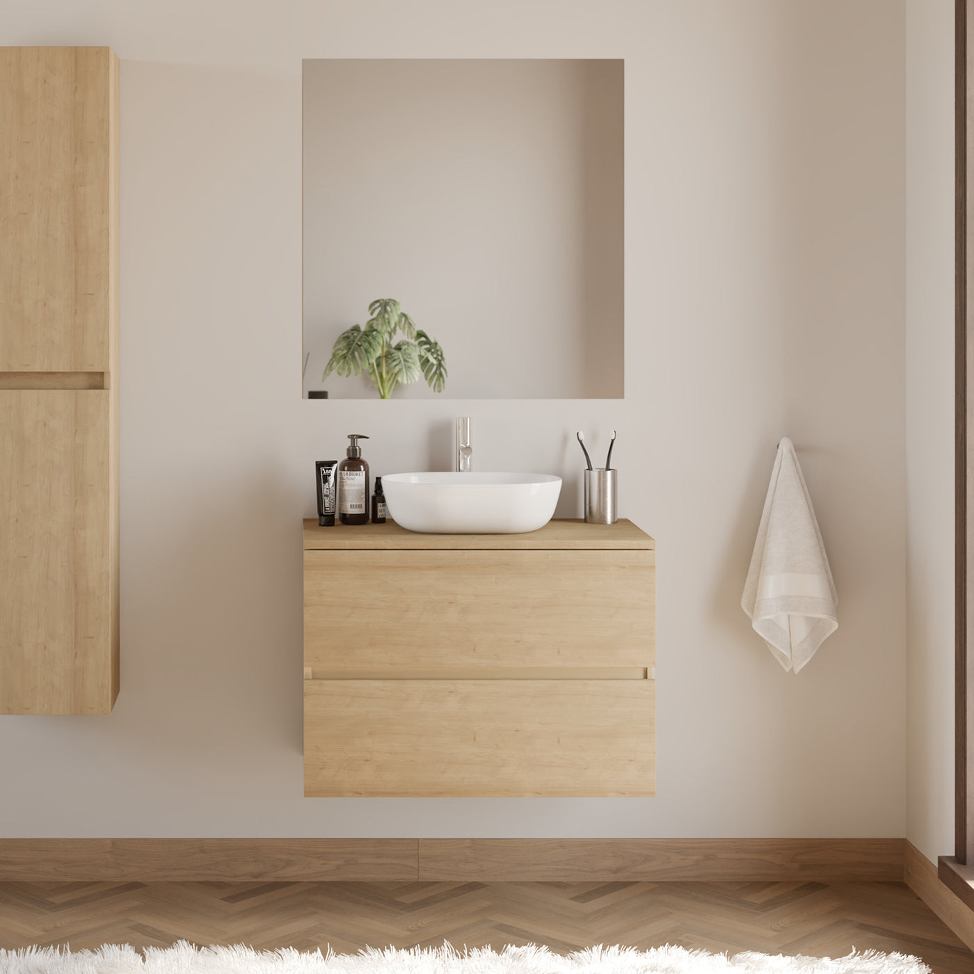 Meuble De Salle De Bain 60cm Avec Plateau Et Vasque À Poser Arrondie - 2 Tiroirs - Nebraska (chêne Clair) - Ida