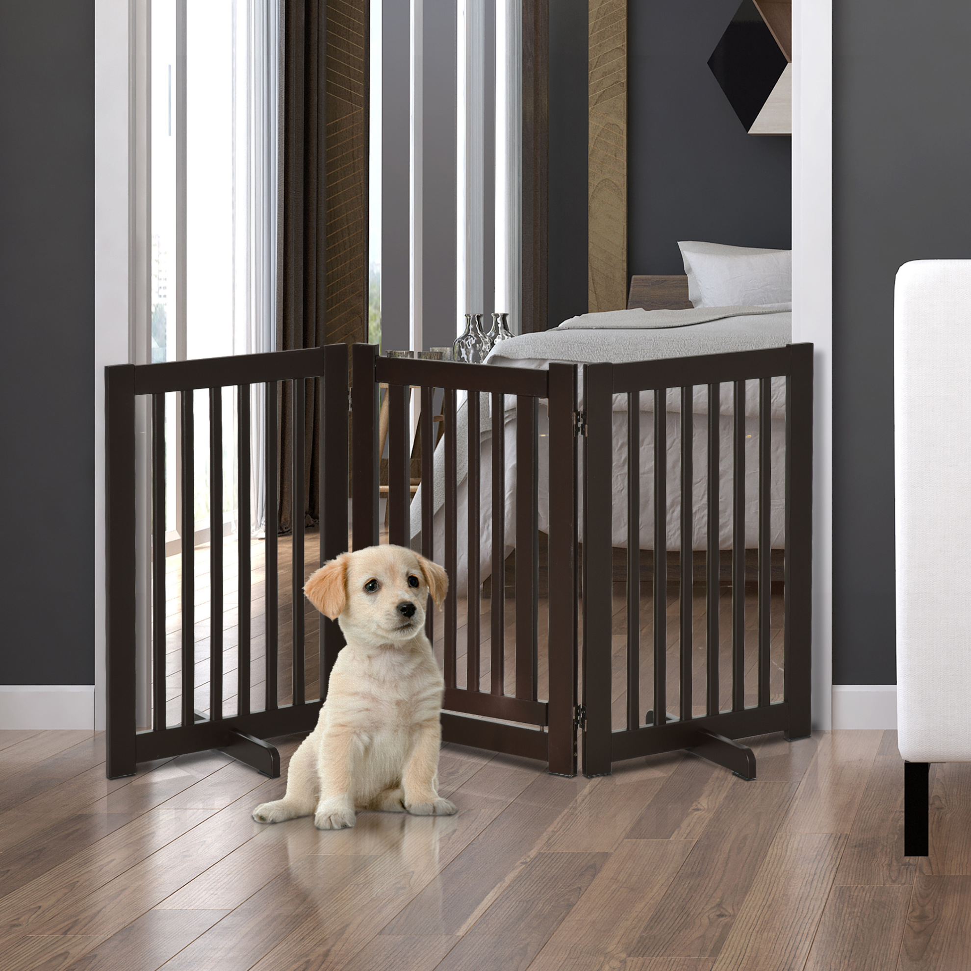 Barrière De Protection Autoportante Pour Chiens, Pliable, Mdf, Brun Foncé