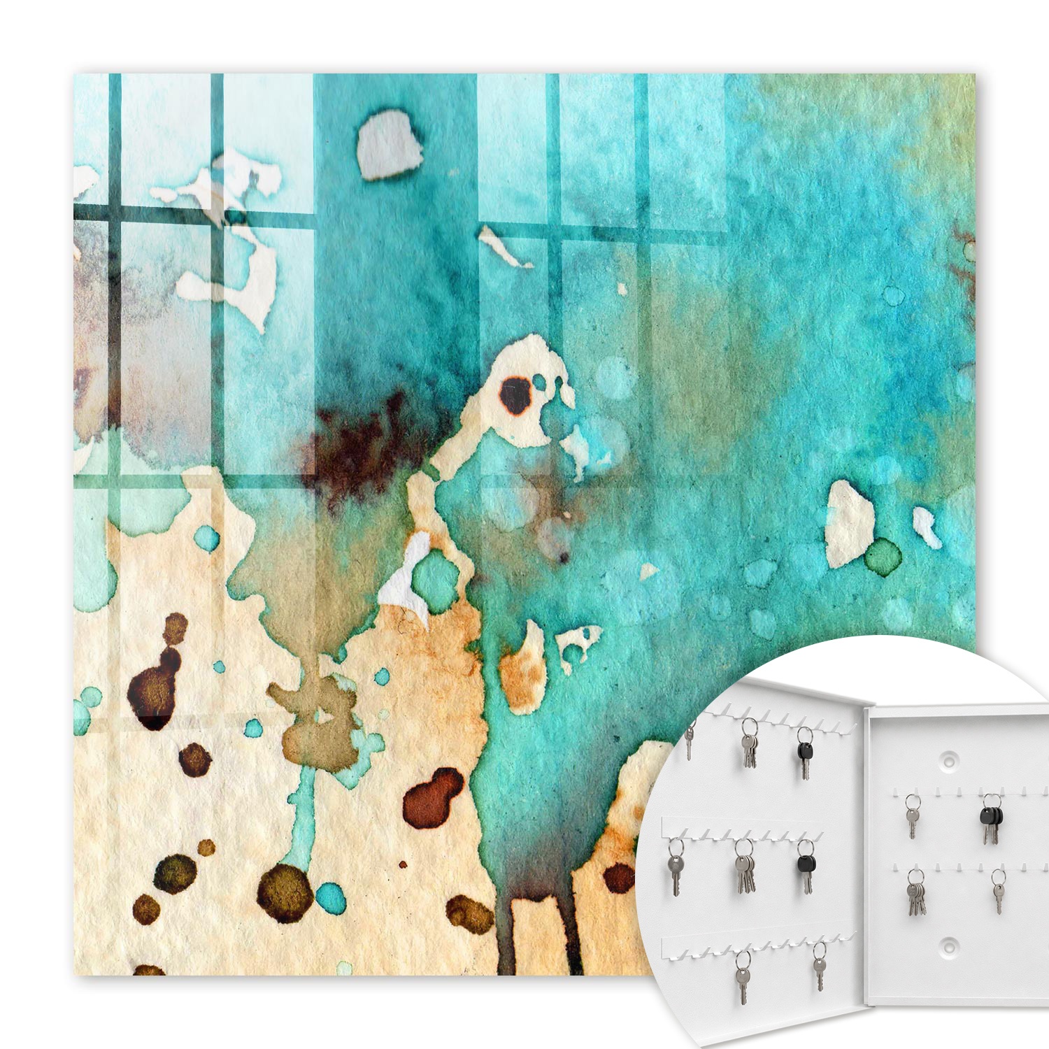 Armoire À Clés - (30 Cm X 30 Cm) - Boîte À Clés Murale - Coffret De Rangement Pour Clés - Couleur Blanche - Ouverture Vers La Gauche - Pour Maison Et Bureau - Abstraction Turquoise