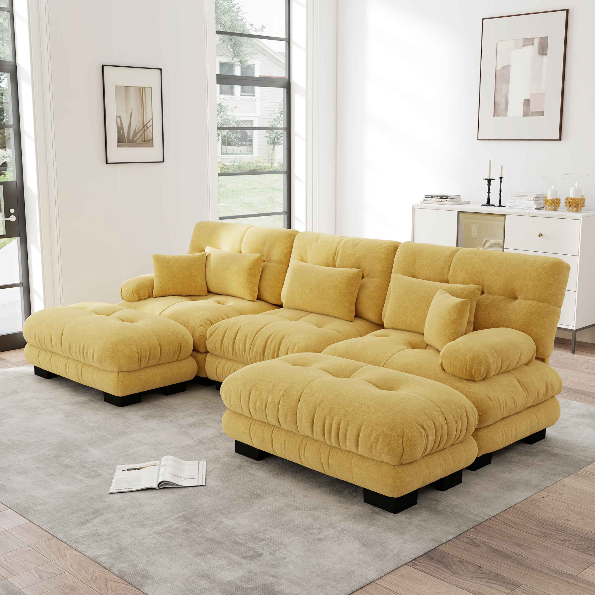 Redom Canapé Modulaire, Assise Profonde, Ottomans Mobiles, Tissu Chenille Vintage Jaune