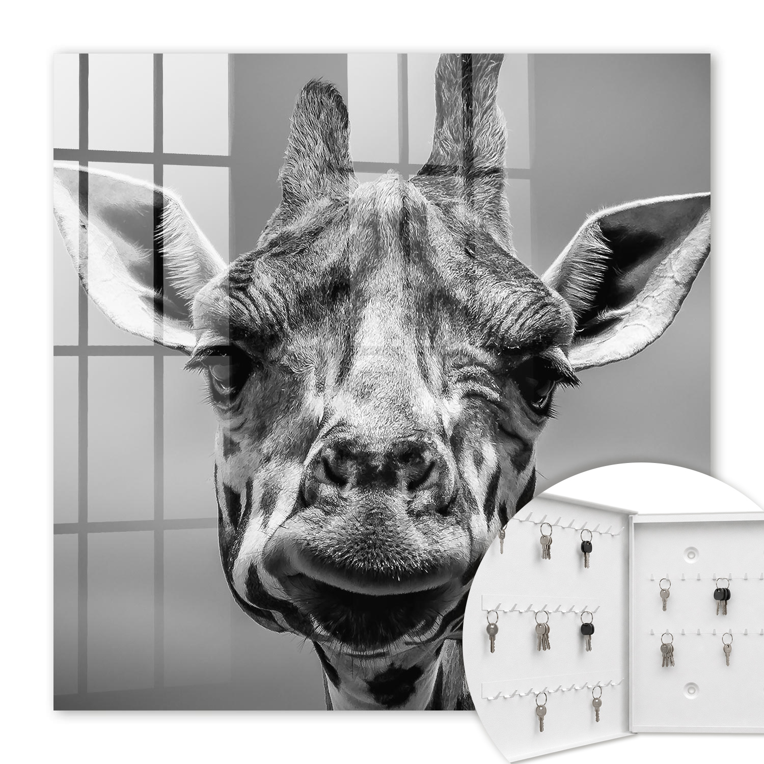 Armoire À Clés - (30 Cm X 30 Cm) - Boîte À Clés Murale - Coffret De Rangement Pour Clés - Couleur Blanche - Ouverture Vers La Gauche - Pour Maison Et Bureau - Portrait De Girafe