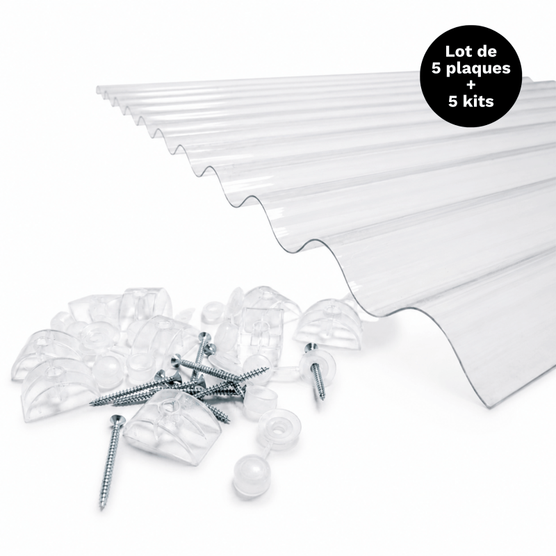 Lot 5 Plaques Polycarbonate Ondulées Po 76/18 + 5 Kits De Fixation - Coloris - Translucide, Largeur - 90 Cm, Longueur - 200 Cm