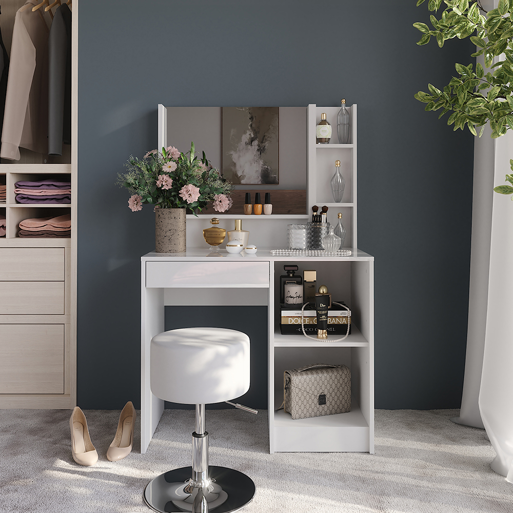 Coiffeuse Sherry, Blanc/blanc Haute Brillance, 89.8cm Avec Miroir Et Tabouret, Vicco