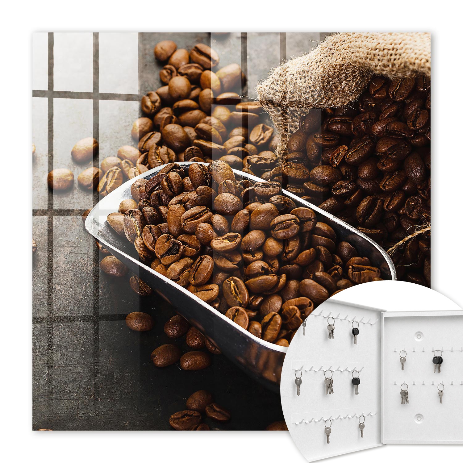 Armoire À Clés - (30 Cm X 30 Cm) - Boîte À Clés Murale - Coffret De Rangement Pour Clés - Couleur Blanche - Ouverture Vers La Gauche - Pour Maison Et Bureau - Café En Grains