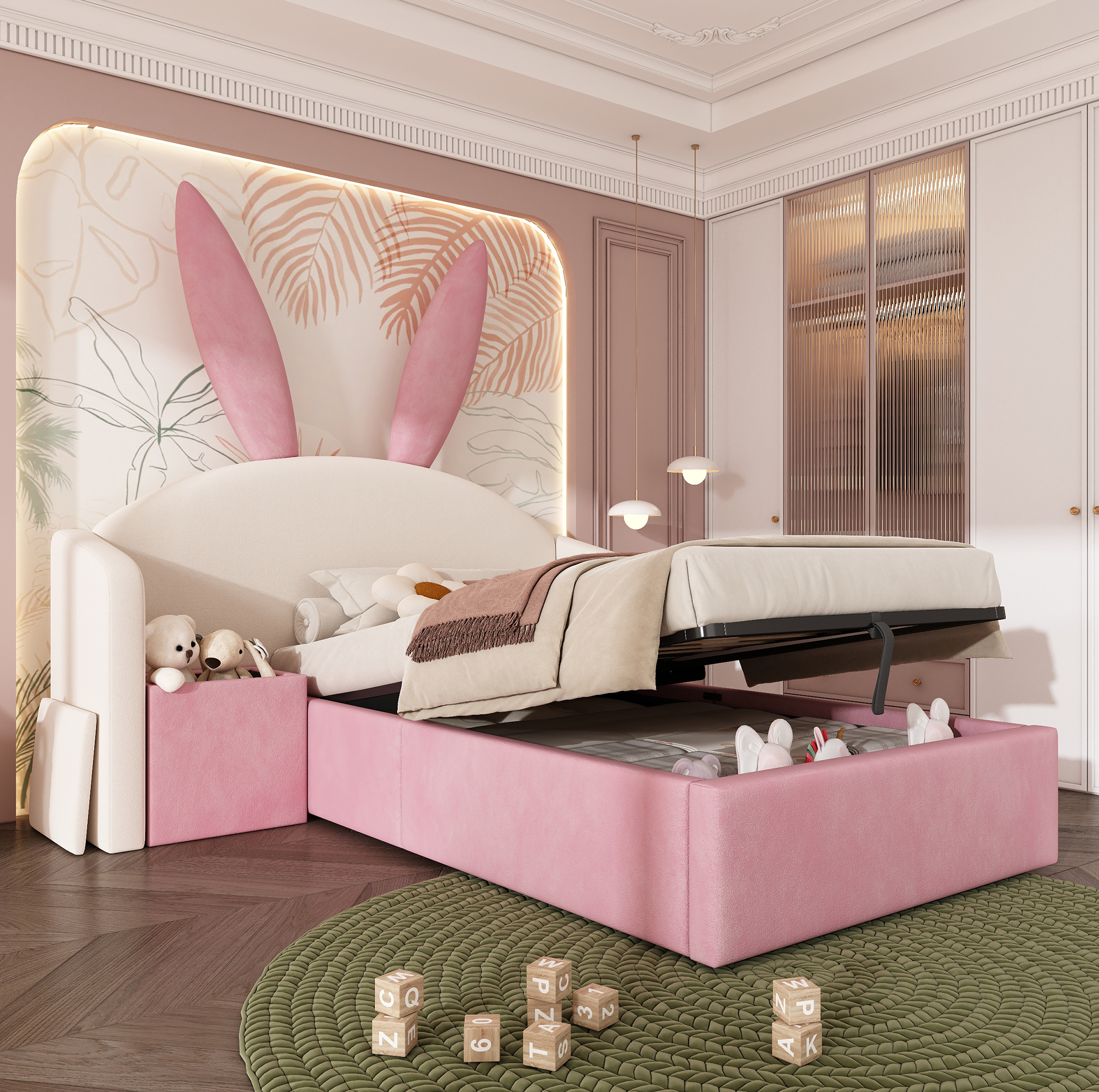 Lit Junior 90x200 Cm Capitonné Avec Rangements, Oreilles De Lapin, Beige Et Rose, Redom