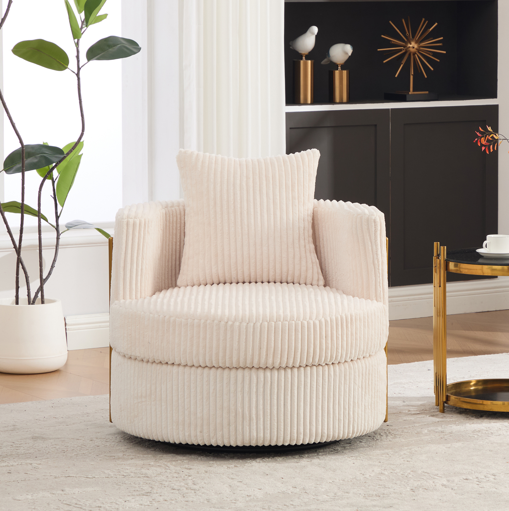 Fauteuil Pivotant 360° En Cordon Beige Avec Accoudoirs Rembourrés Et Rangement