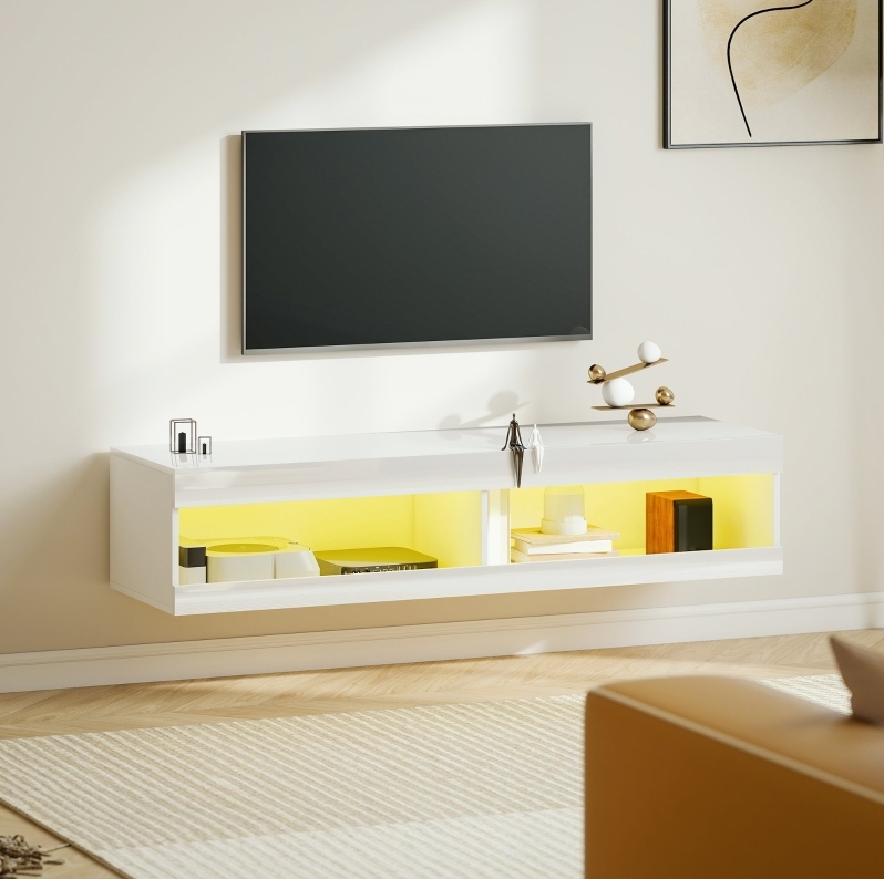 Meuble Tv Mural Led Rgb 16 Couleurs, 140 X 40 X 30 Cm, Bois, Blanc Brillant, Redom