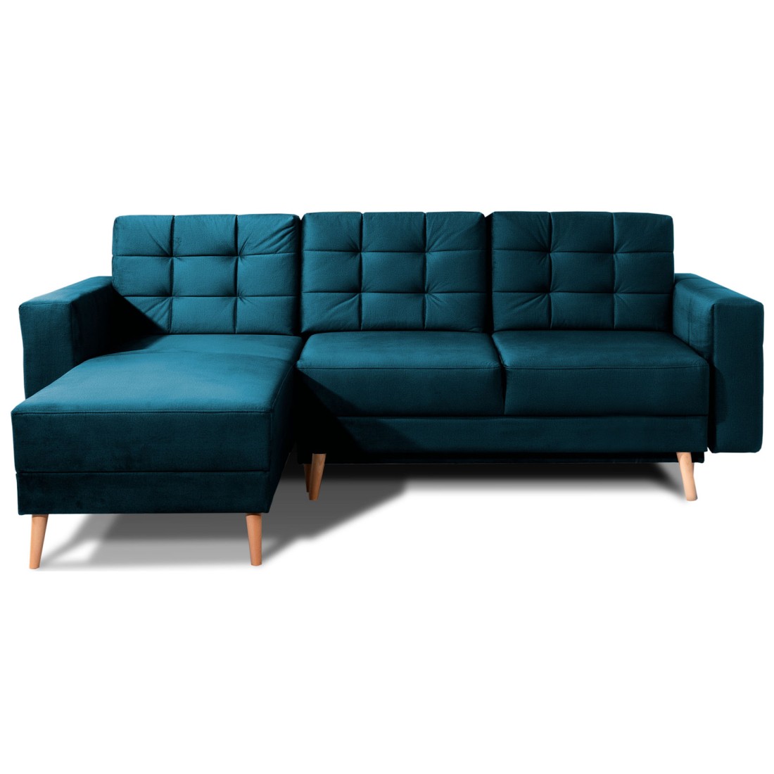 Canapé D'Angle Convertible Hasgard 3 Places Bleu Foncé 248x162 Cm - Coffre Et Pieds Bois