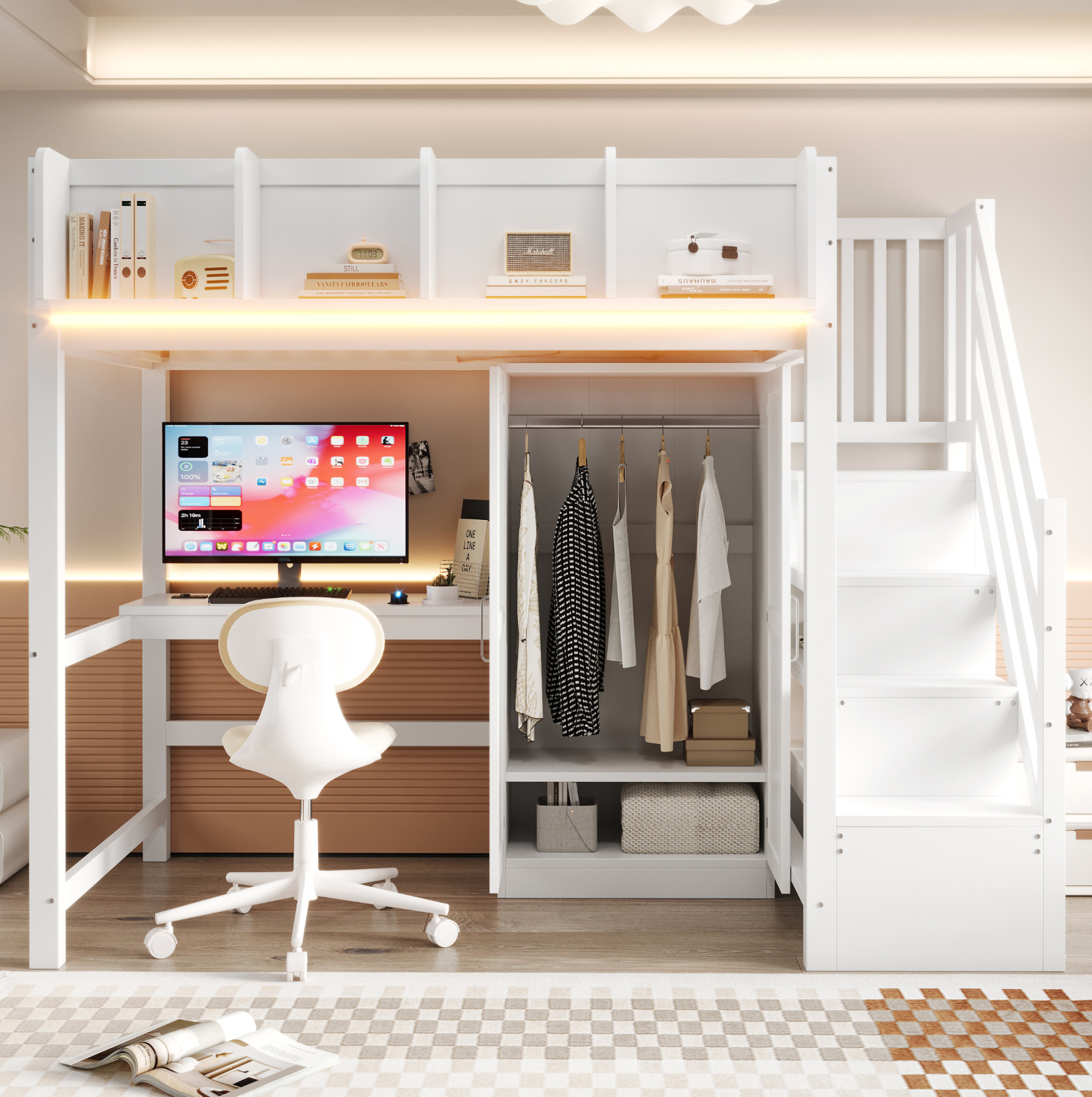 Lit Mezzanine 90x200 Cm Avec Bureau, Armoire, Échelle De Rangement, Led Et Prises, Blanc
