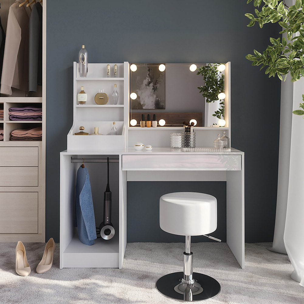 Coiffeuse Sherry, Blanc/blanc Haute Brillance, 119.8cm Avec Miroir Et Tabouret, Vicco