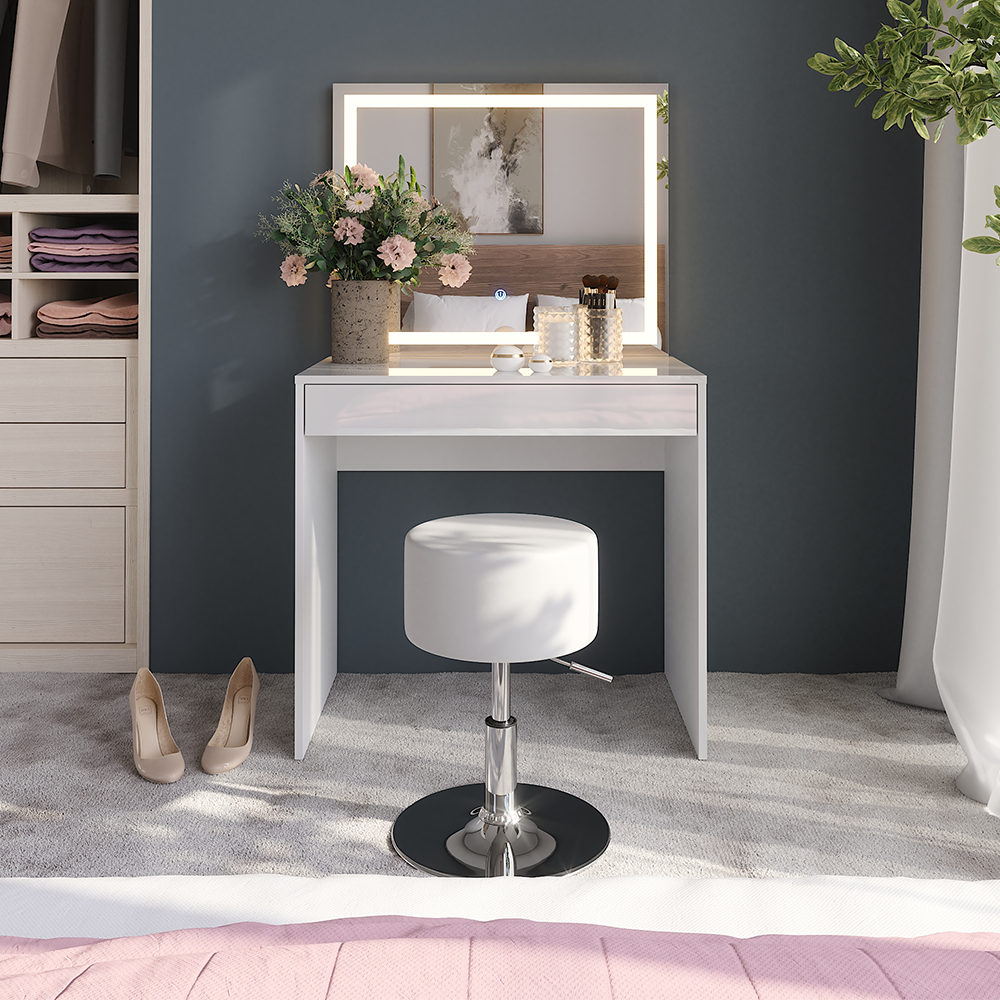 Coiffeuse Sherry, Blanc/blanc Haute Brillance, 81.4cm Avec Miroir Led Et Tabouret, Vicco