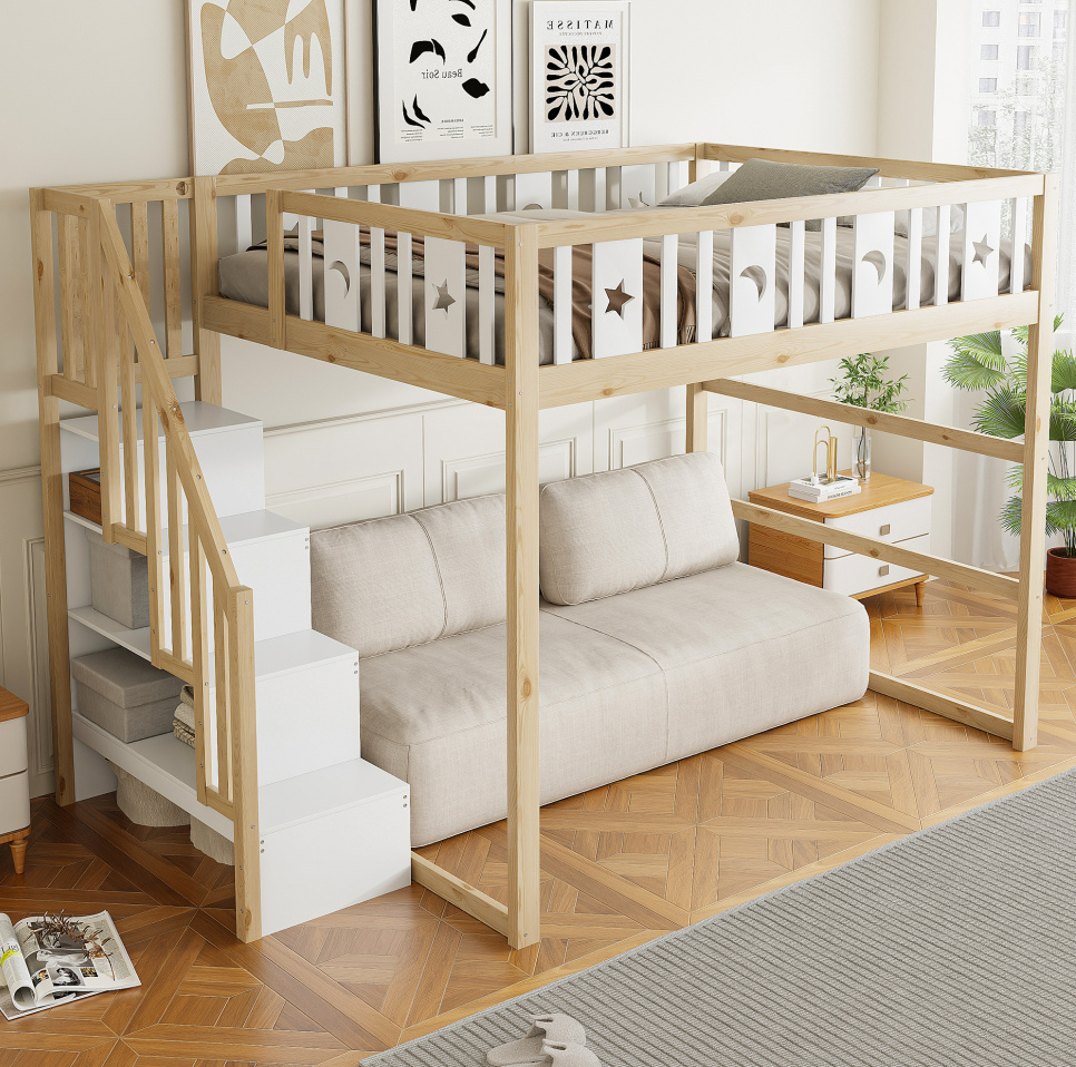 Redom - Lit Mezzanine - 140x200 Cm - Avec Escalier - Rangements - Bois, Naturel Et Blanc (sans Matelas)