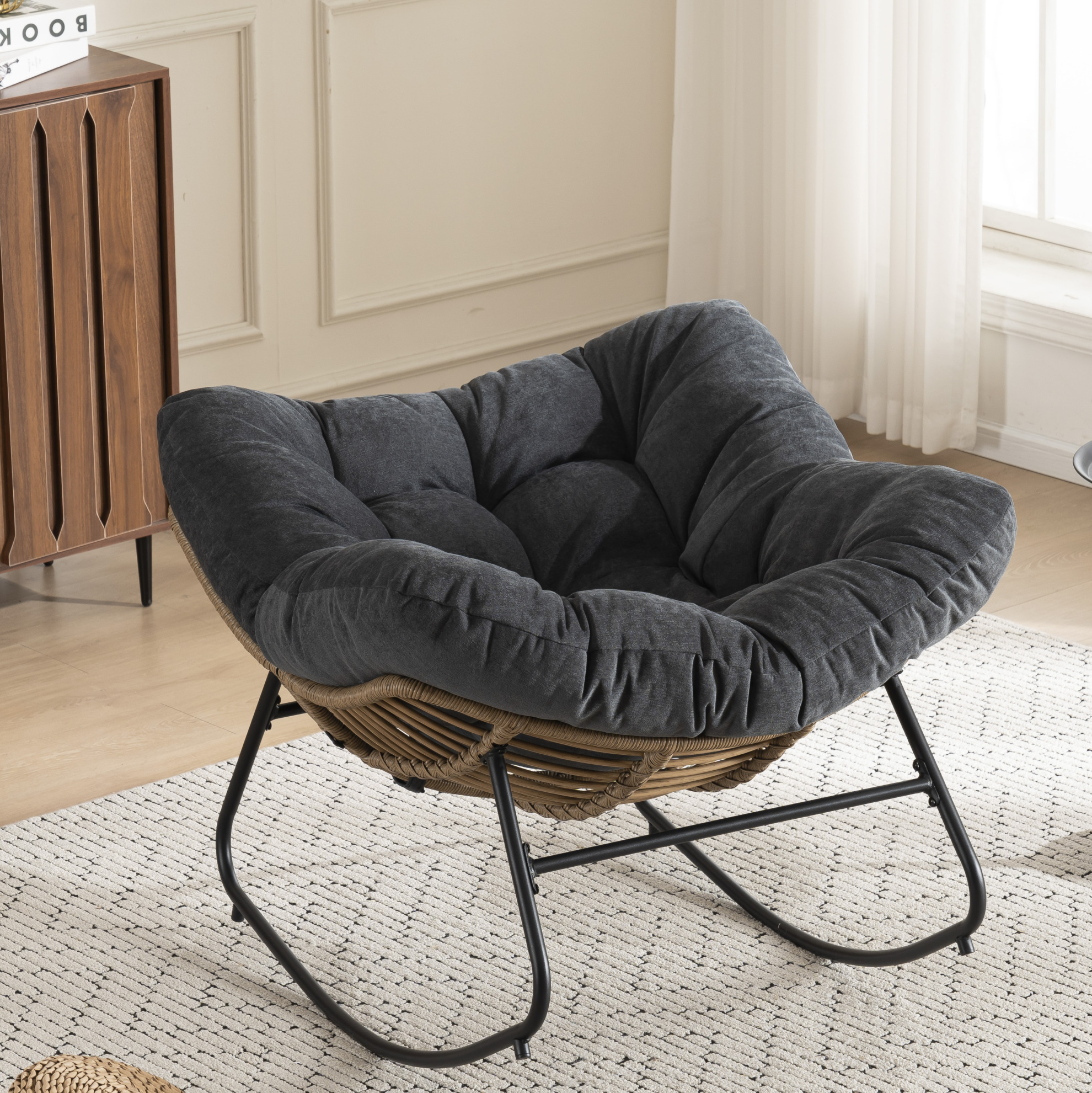 Fauteuil À Bascule En Chenille Avec Structure Métal, 95x107x83 Cm, Noir, Redom