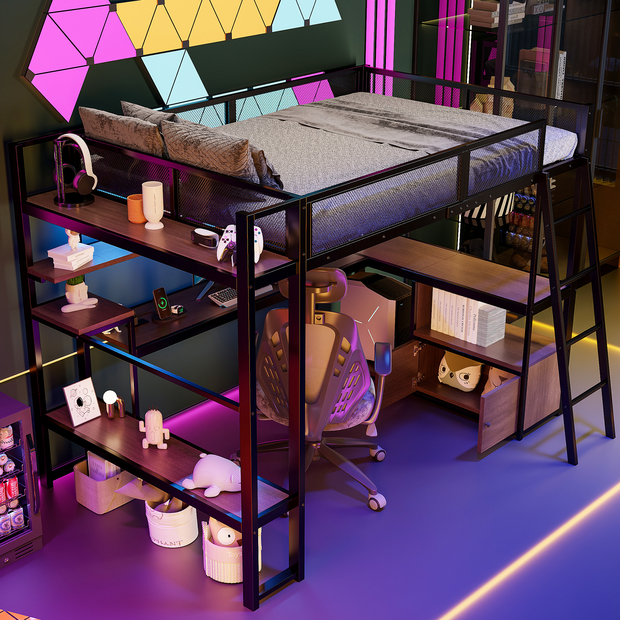 Redom Lit Mezzanine 140x200 Cm Avec Bureau Et Étagères, Métal Et Mdf, Noir (sans Matelas)