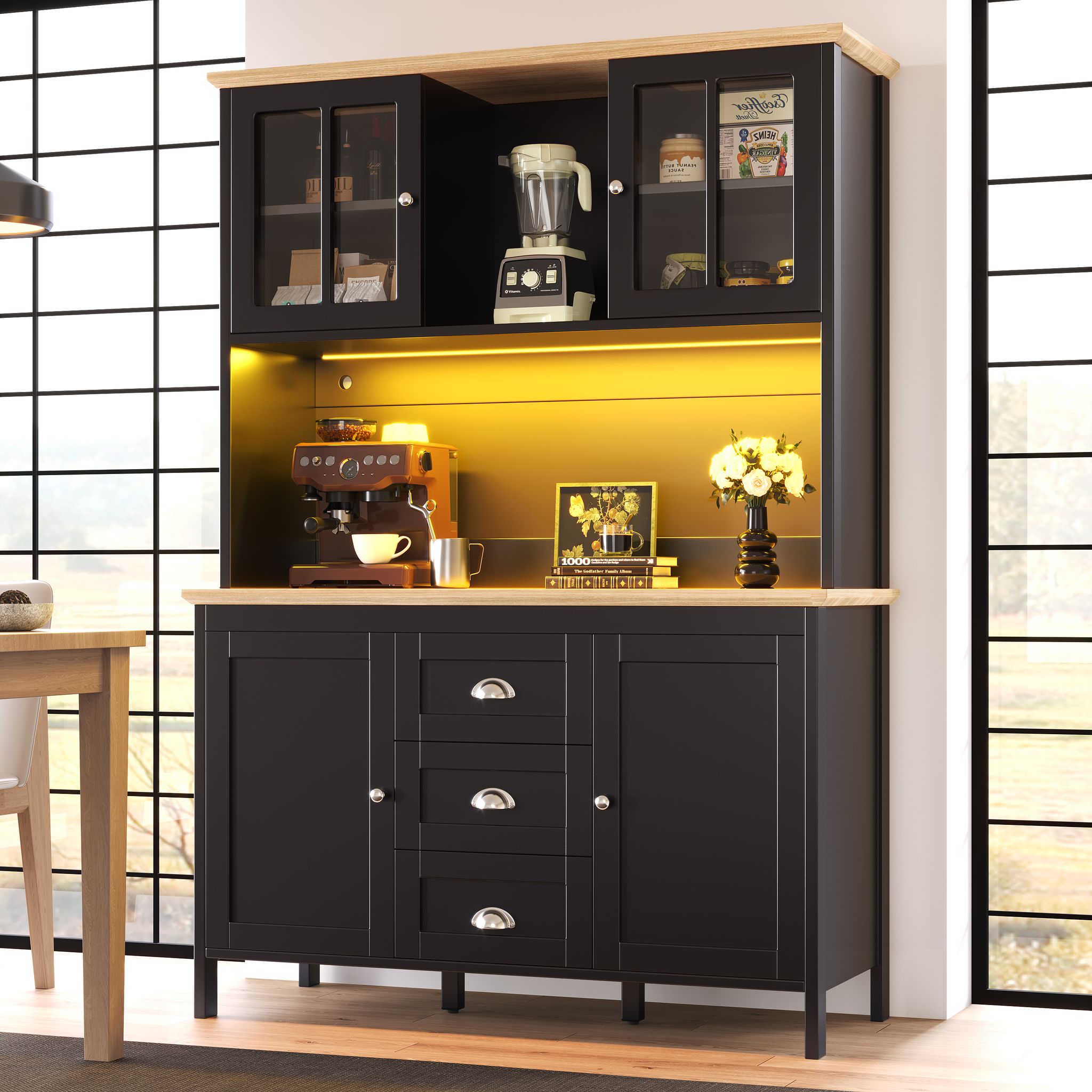 Redom Vitrine 120x40x179 Cm Led Usb Contrôlable Par Application, 4 Portes, 3 Tiroirs, Mdf Et Métal, Noir