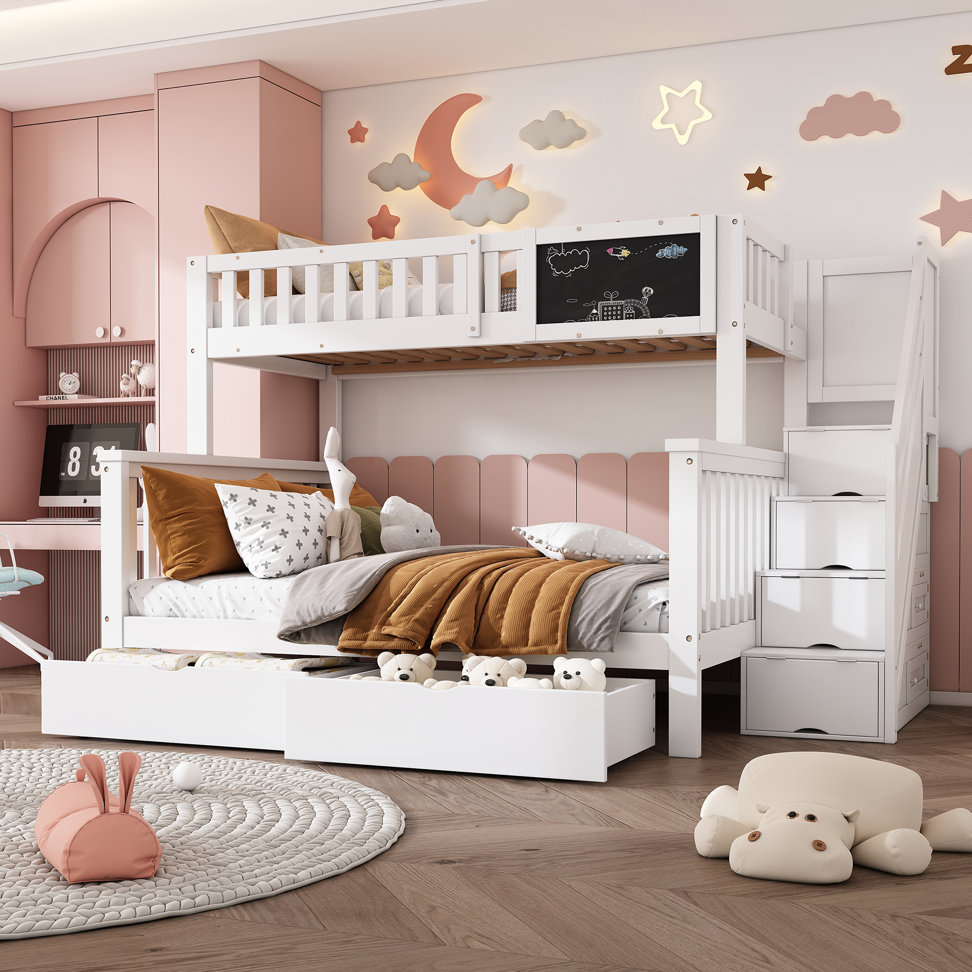Redom Lit Superposé 90x200/140x200 Cm Avec Tableau Et Rangements En Bois Blanc (sans Matelas)