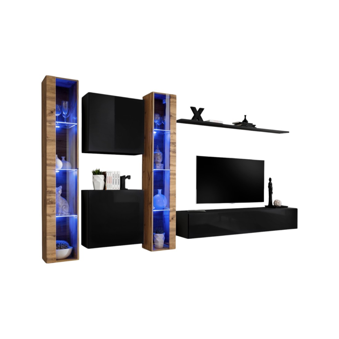 Composition Murale Switch Xvi - Meuble Tv, Vitrines Led, Cubes Et Étagère - Noir Bril