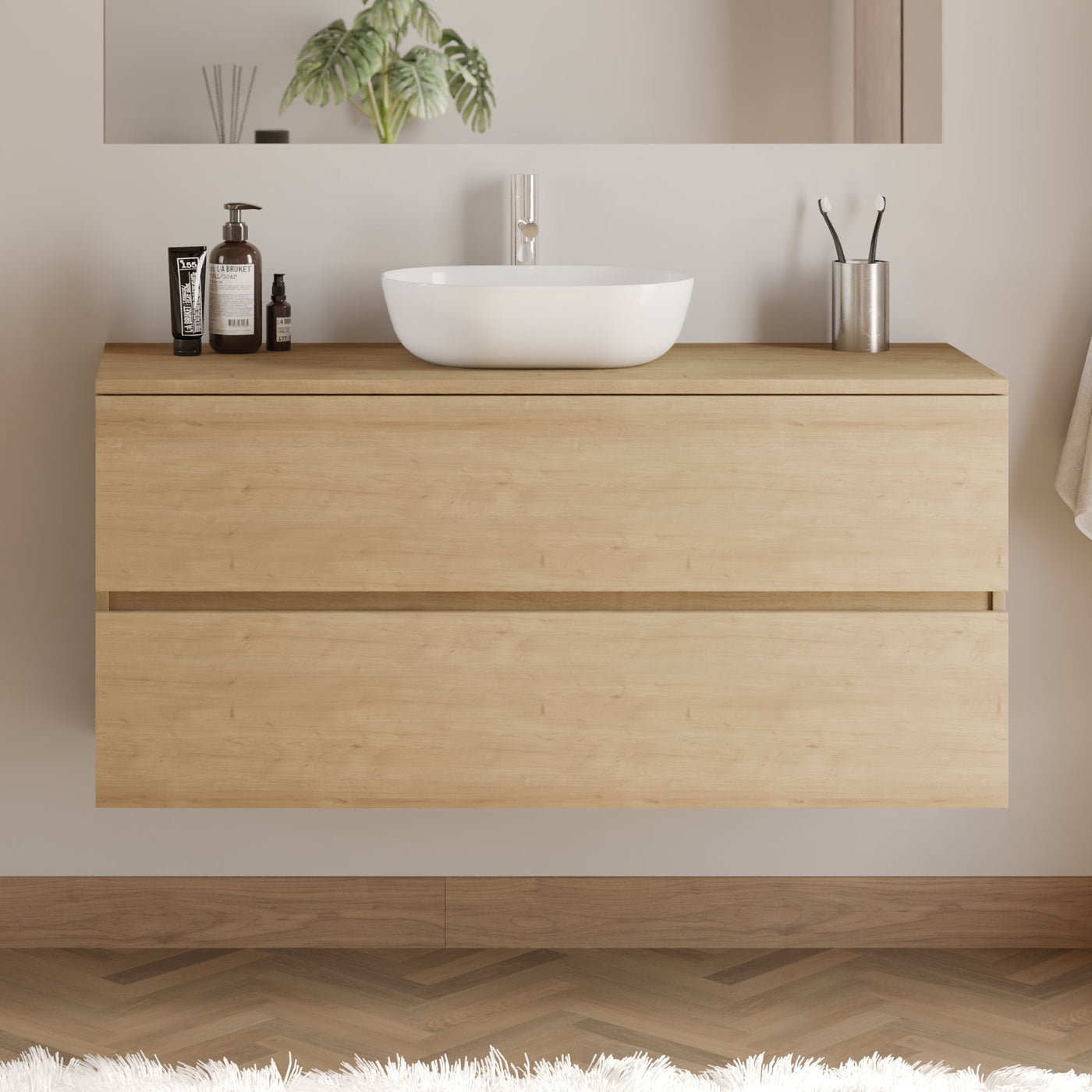 Meuble De Salle De Bain 120cm Avec Plateau Et Vasque À Poser Arrondie - 2 Tiroirs - Sans Miroir - Nebraska (chêne Clair) - Ida