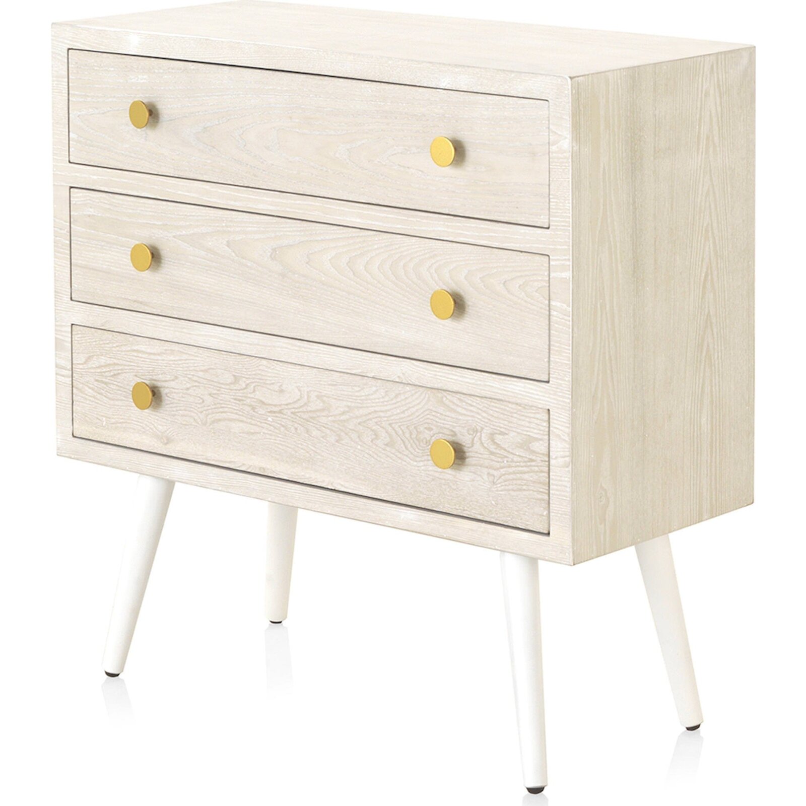 Commode Bois Blanc Effet Patiné Et Poignées Dorées Élégantes - Blanc Patiné Bois Clair Doré