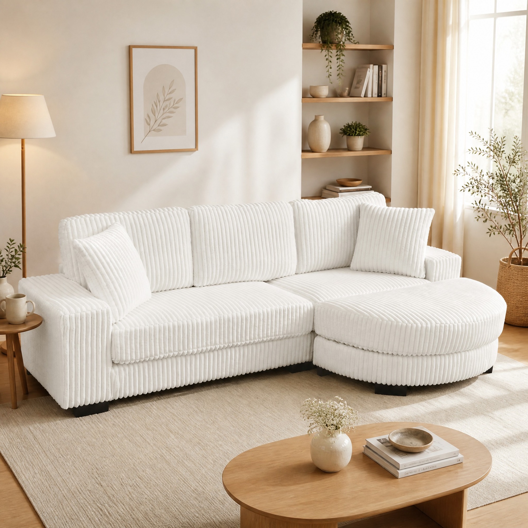 Canapé D'angle L 4 Places 256,5 X 133,5 X 89 Cm En Tissu Corduroy Beige Redom
