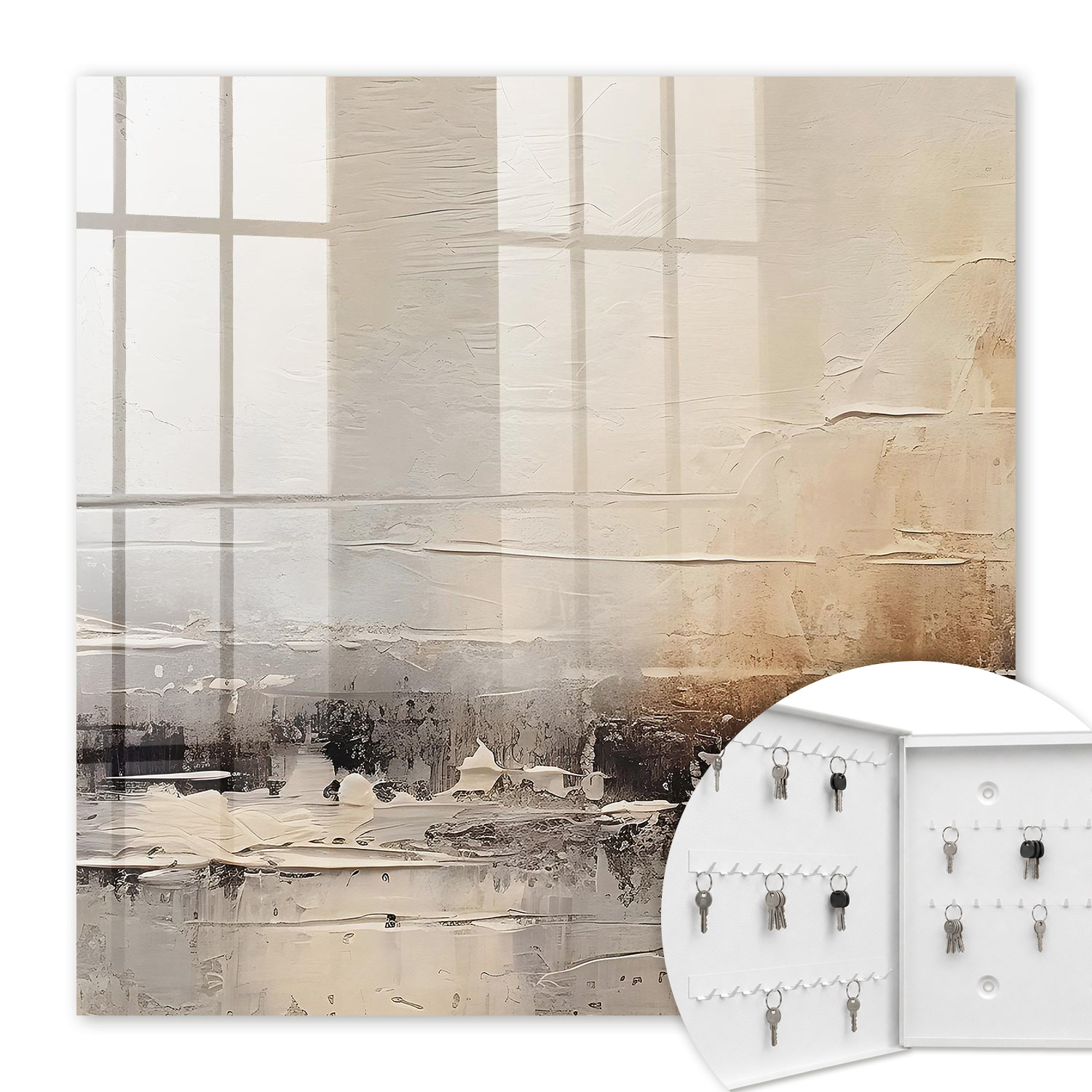 Armoire À Clés - (30 Cm X 30 Cm) - Boîte À Clés Murale - Coffret De Rangement Pour Clés - Couleur Blanche - Ouverture Vers La Gauche - Pour Maison Et Bureau - Peinture Abstraite De Paysage