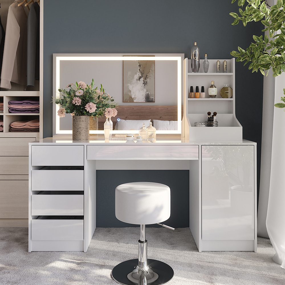 Coiffeuse Sherry, Blanc/blanc Haute Brillance, 158.2cm Avec Miroir Led Et Tabouret, Vicco