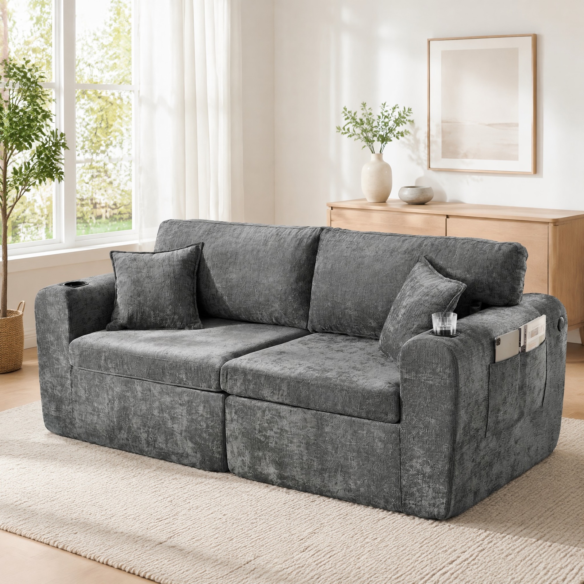 Canapé 2 Places Relax Gris En Chenille, Avec Poche Latérale, Porte-gobelet Et Coussins, 220 Cm