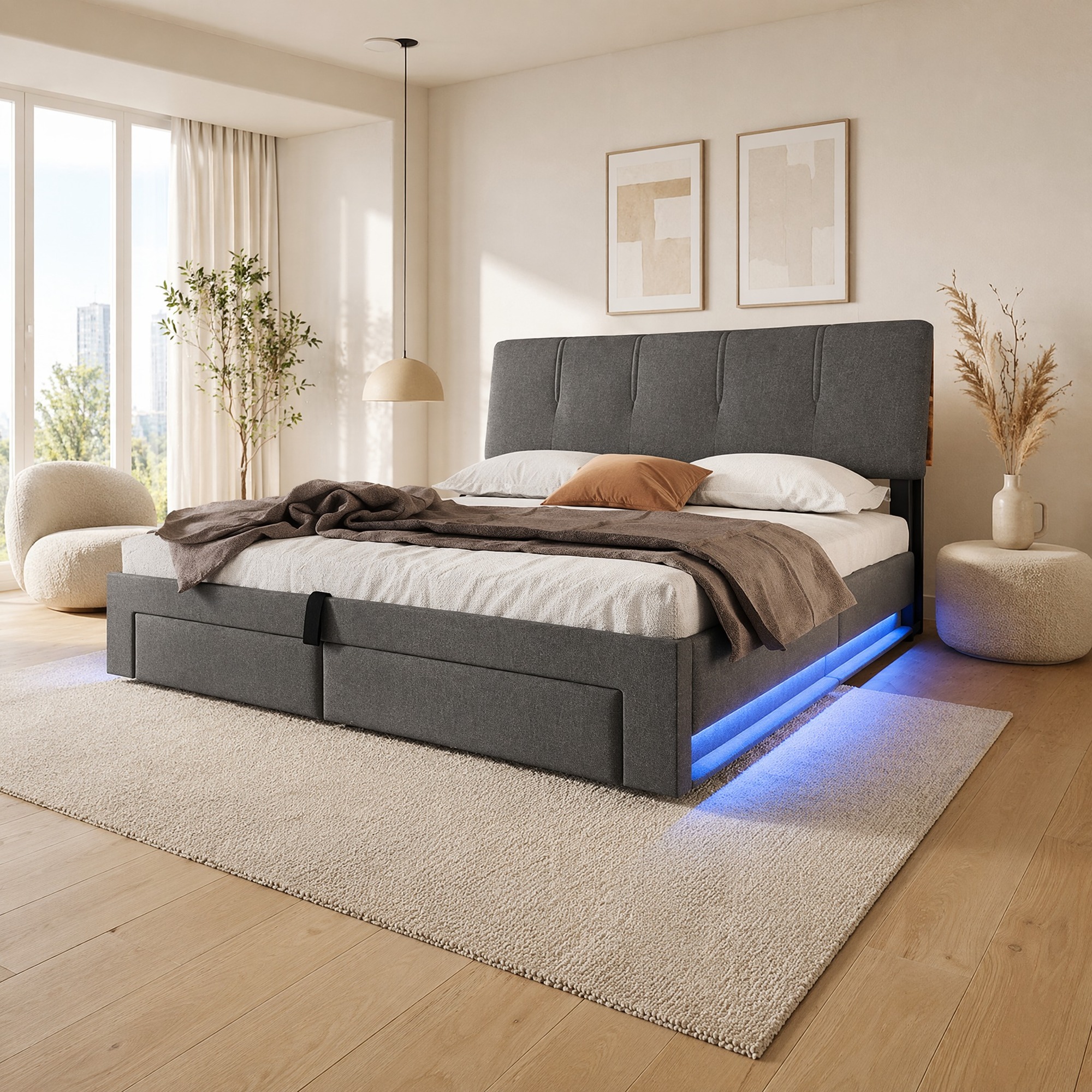 Lit Coffre Capitonné 140x200 Cm Avec Rangement Hydraulique, Usb-c Et Led, Gris, Redom