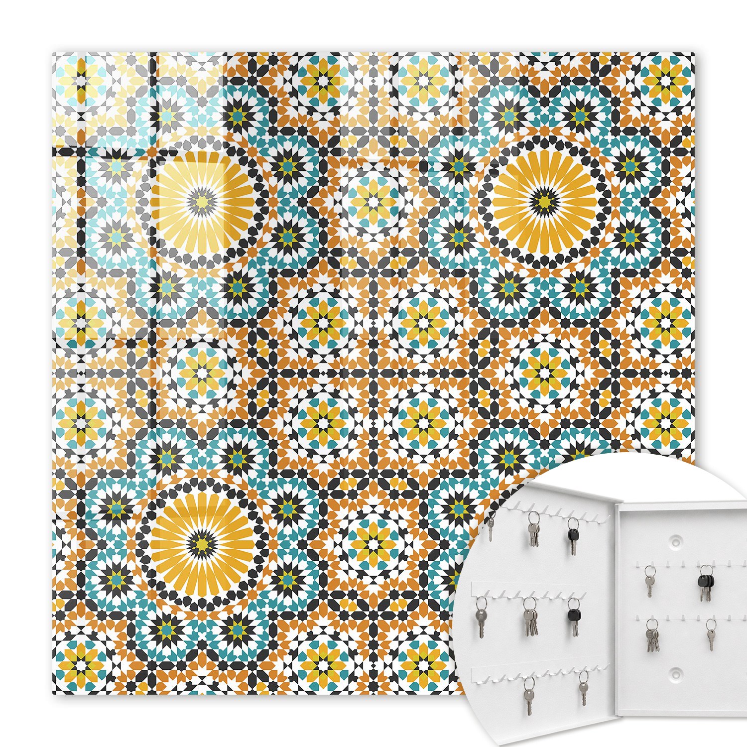 Armoire À Clés - (30 Cm X 30 Cm) - Boîte À Clés Murale - Coffret De Rangement Pour Clés - Couleur Blanche - Ouverture Vers La Gauche - Pour Maison Et Bureau - Mosaïque Géométrique