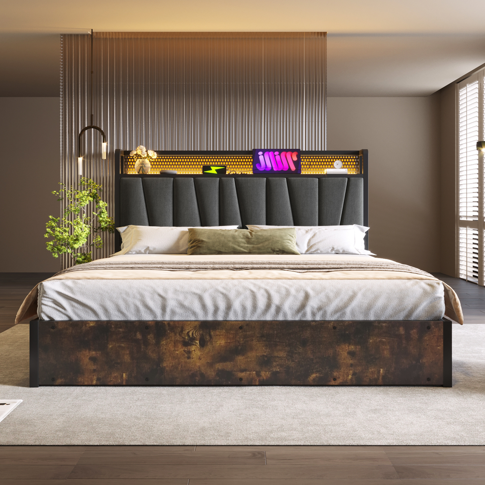 Lit Double Capitonné 180x200 Cm Avec Led Rgbw, Usb Et Prises, Structure Métal Grise Redom