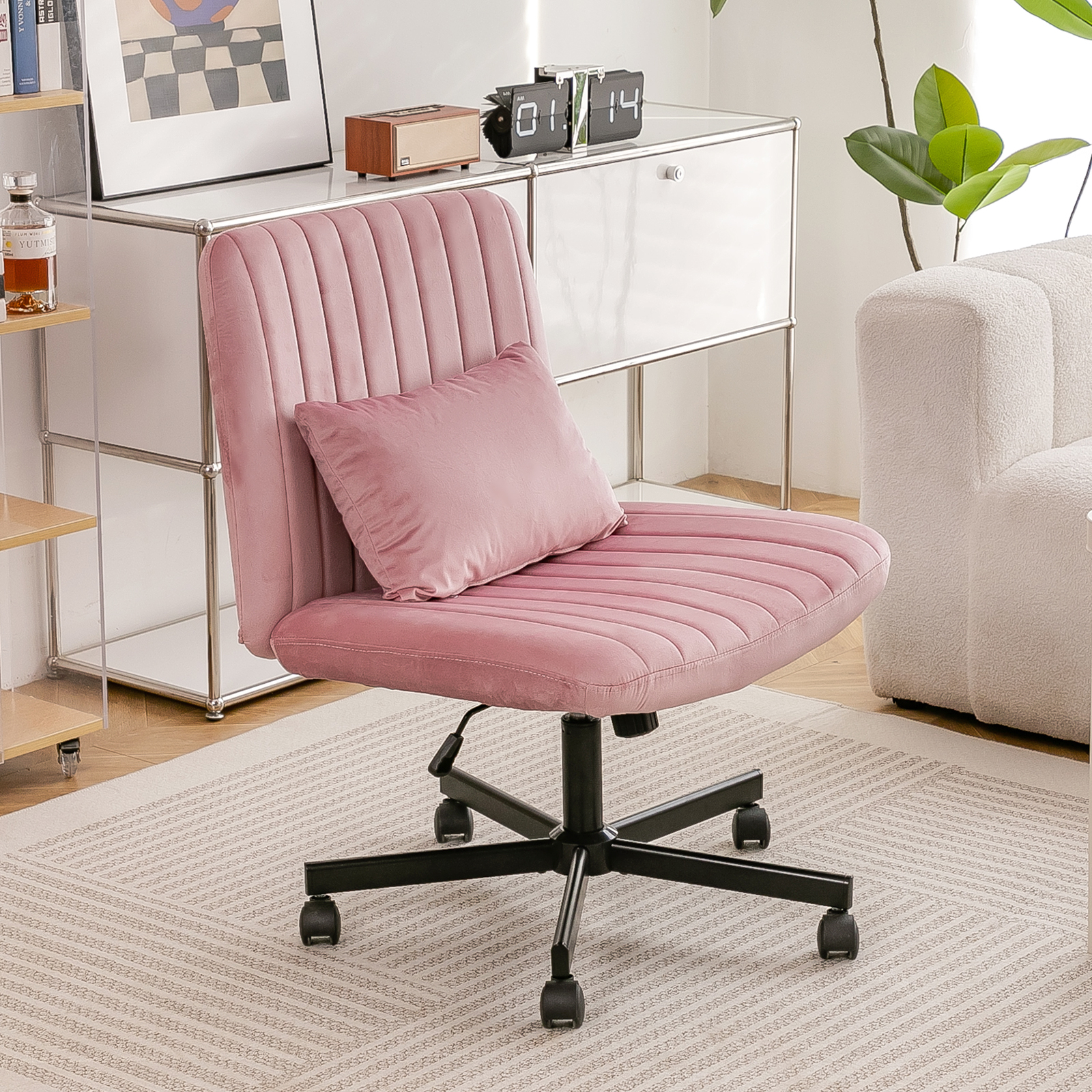 Chaise De Bureau Moderne En Tissu Rose Clair, Pivotante Et Réglable En Hauteur, Sans Accoudoirs