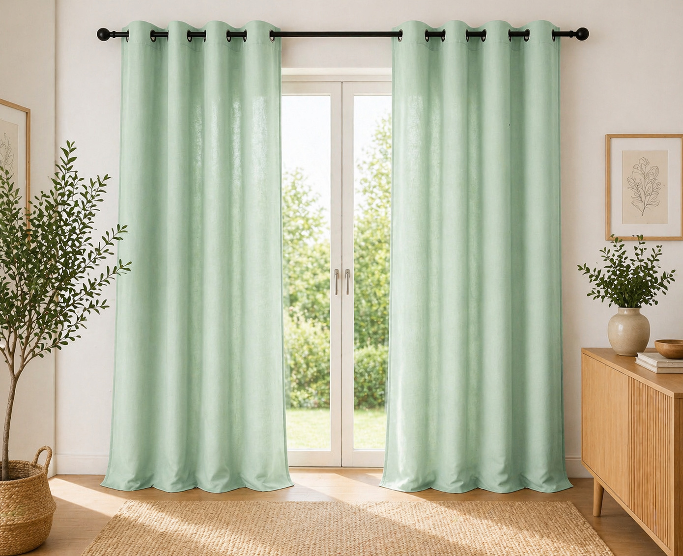 Lot De 2 Rideaux 100% Coton Prélavé 140 X 260 Cm - Kala Menthe