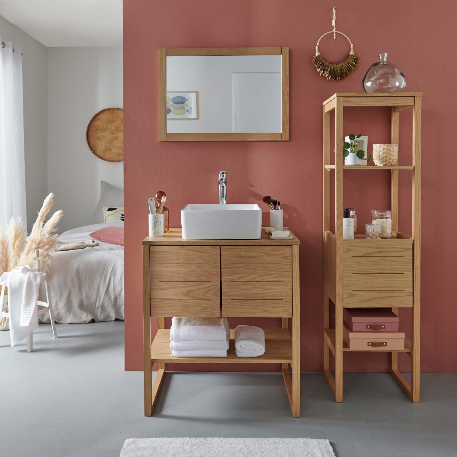 Meuble Atoll 70cm Chêne Colonne Vasque Carrée Robinet Miroir