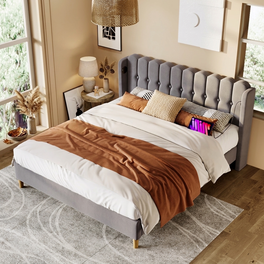Lit Double Capitonné 180 X 200 Cm En Lin Gris Avec Usb Et Type-c, Cadre Avec Sommier, Redom