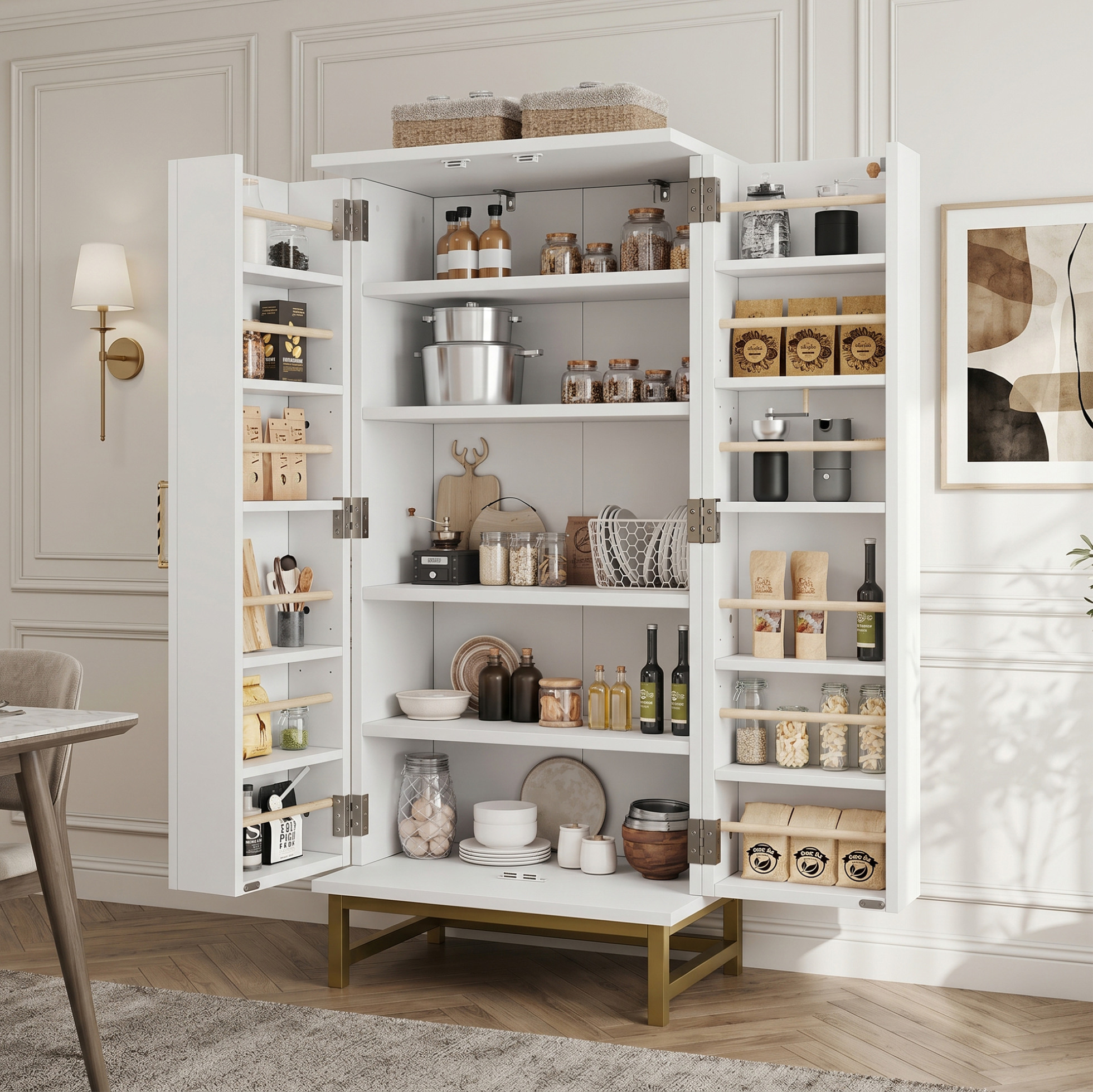Armoire De Rangement De Cuisine 60x40x130 Cm Avec Étagères Réglables, Panneaux Bois Blanc Redom