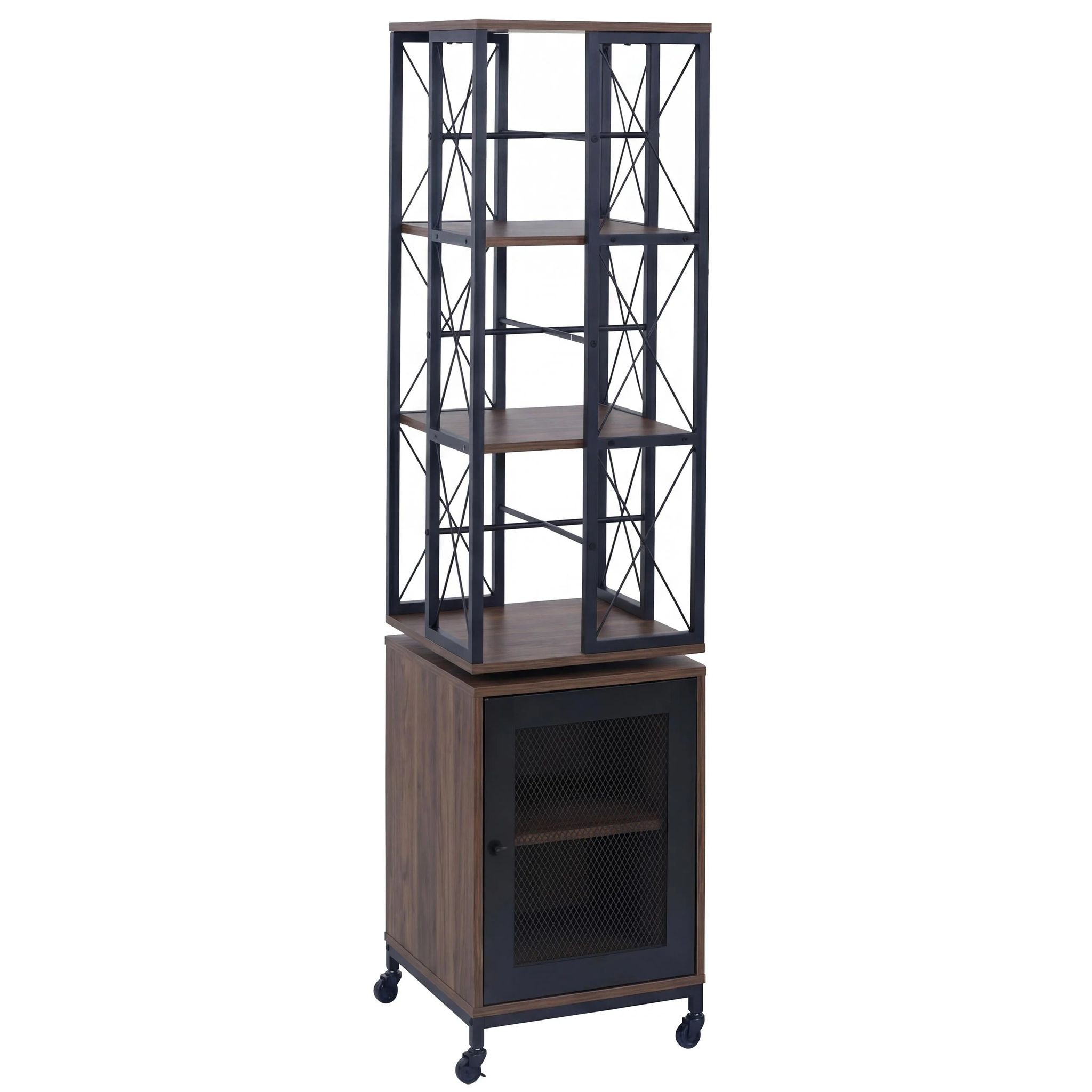 Bibliothèque Étagère Pivotante Rotation 360° Avec Porte Sur Roulettes Style Industriel 162x40x42 Cm En Métal Et Mdf Marron Foncé 040008776