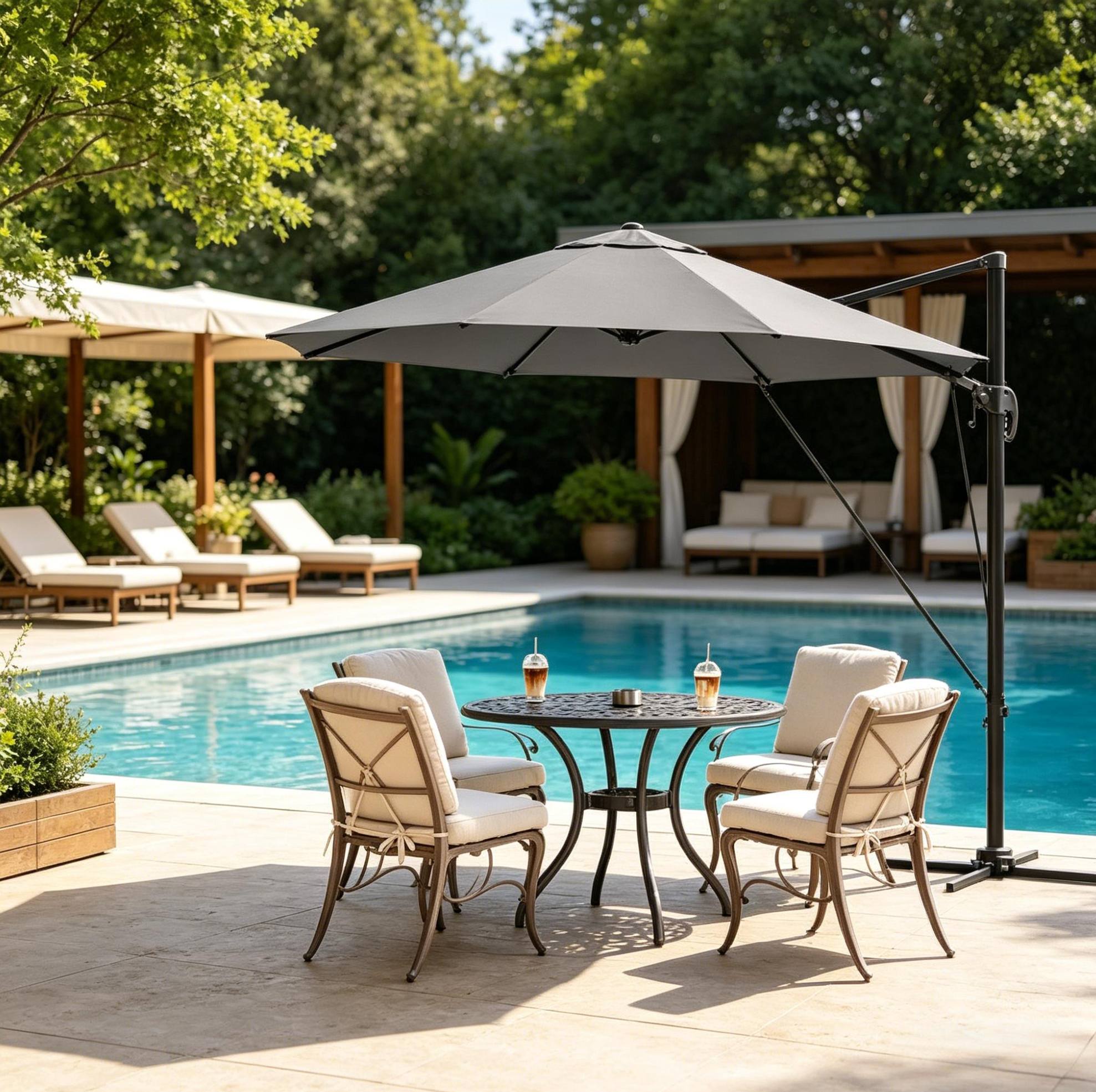 Parasol Déporté Rond Ø 3 M En Métal Et Polyester, Gris Foncé, Avec Base Croisée Redom