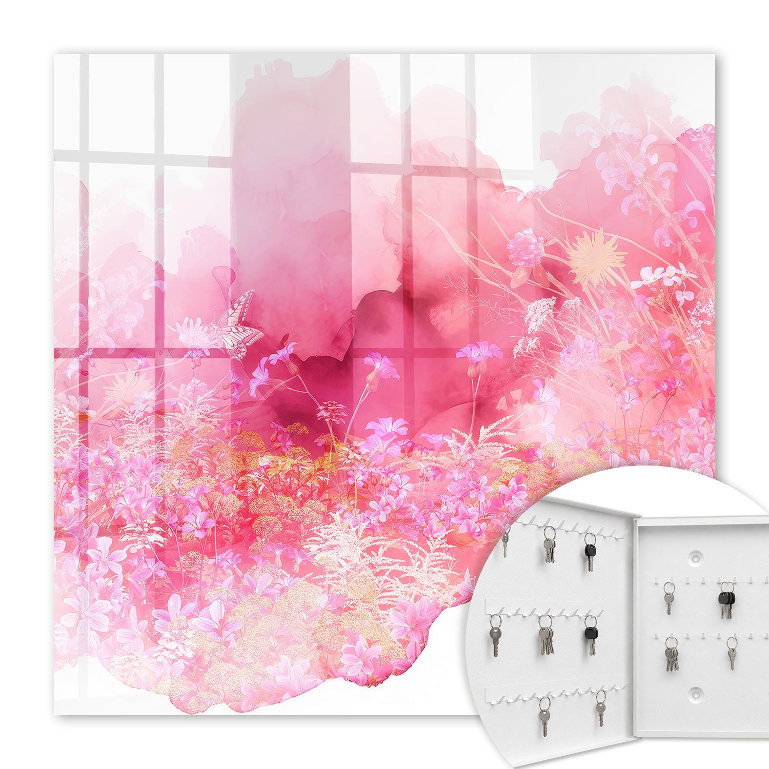 Armoire À Clés - (30 Cm X 30 Cm) - Boîte À Clés Murale - Coffret De Rangement Pour Clés - Couleur Blanche - Ouverture Vers La Gauche - Pour Maison Et Bureau - Paysage Floral